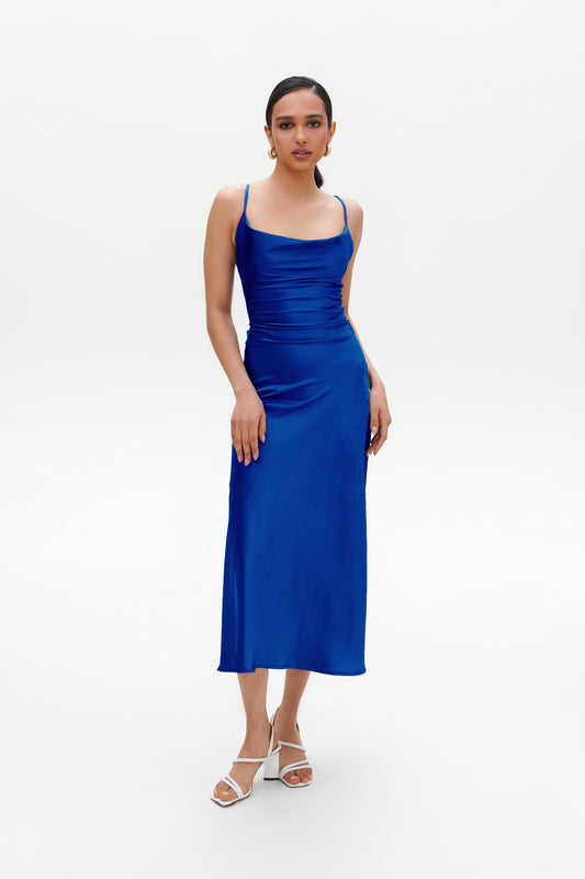 Dark Blue Slip Midi Dress front view – satin cowl neck slim fit