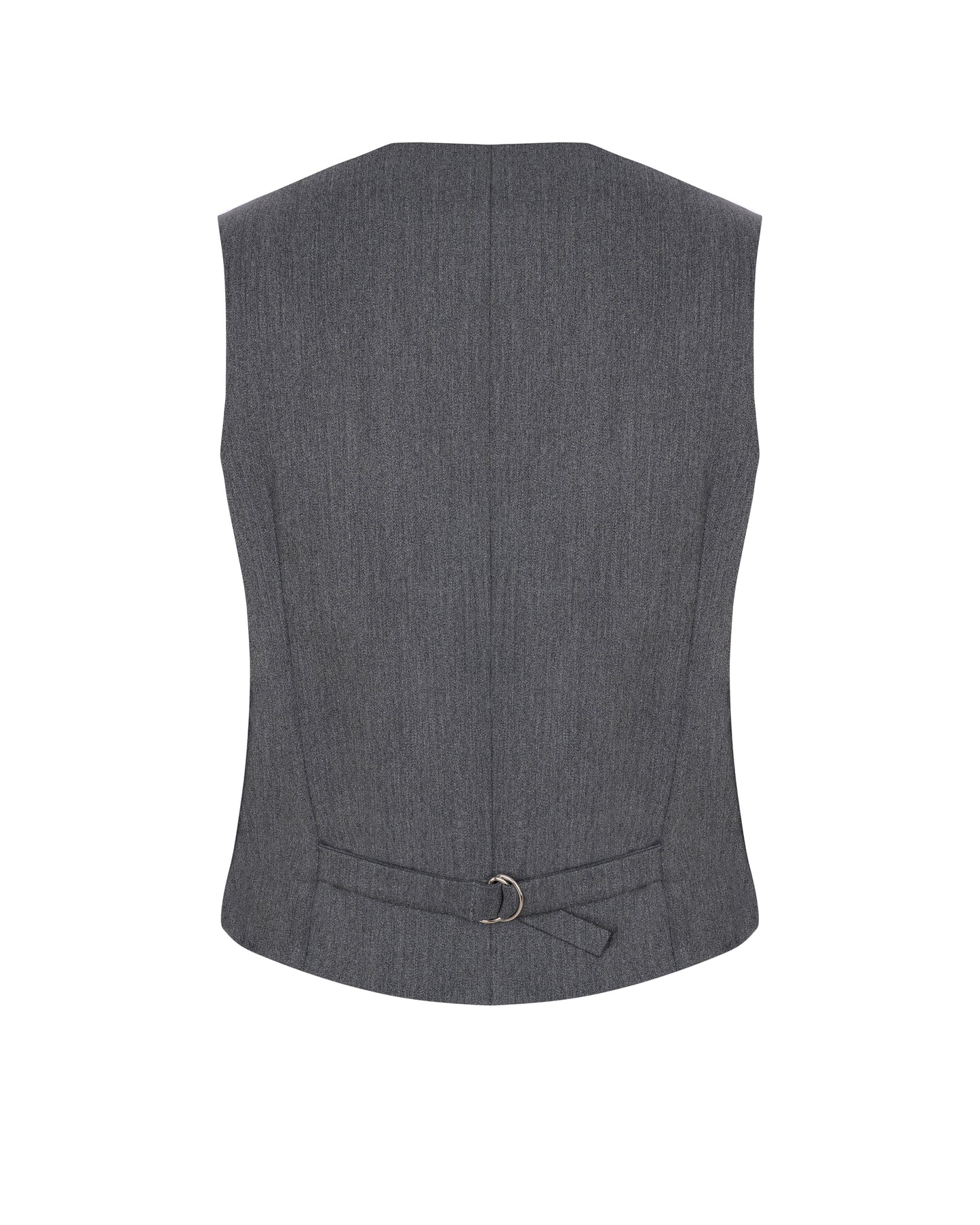 Back view of gray vest with adjustable waist buckle