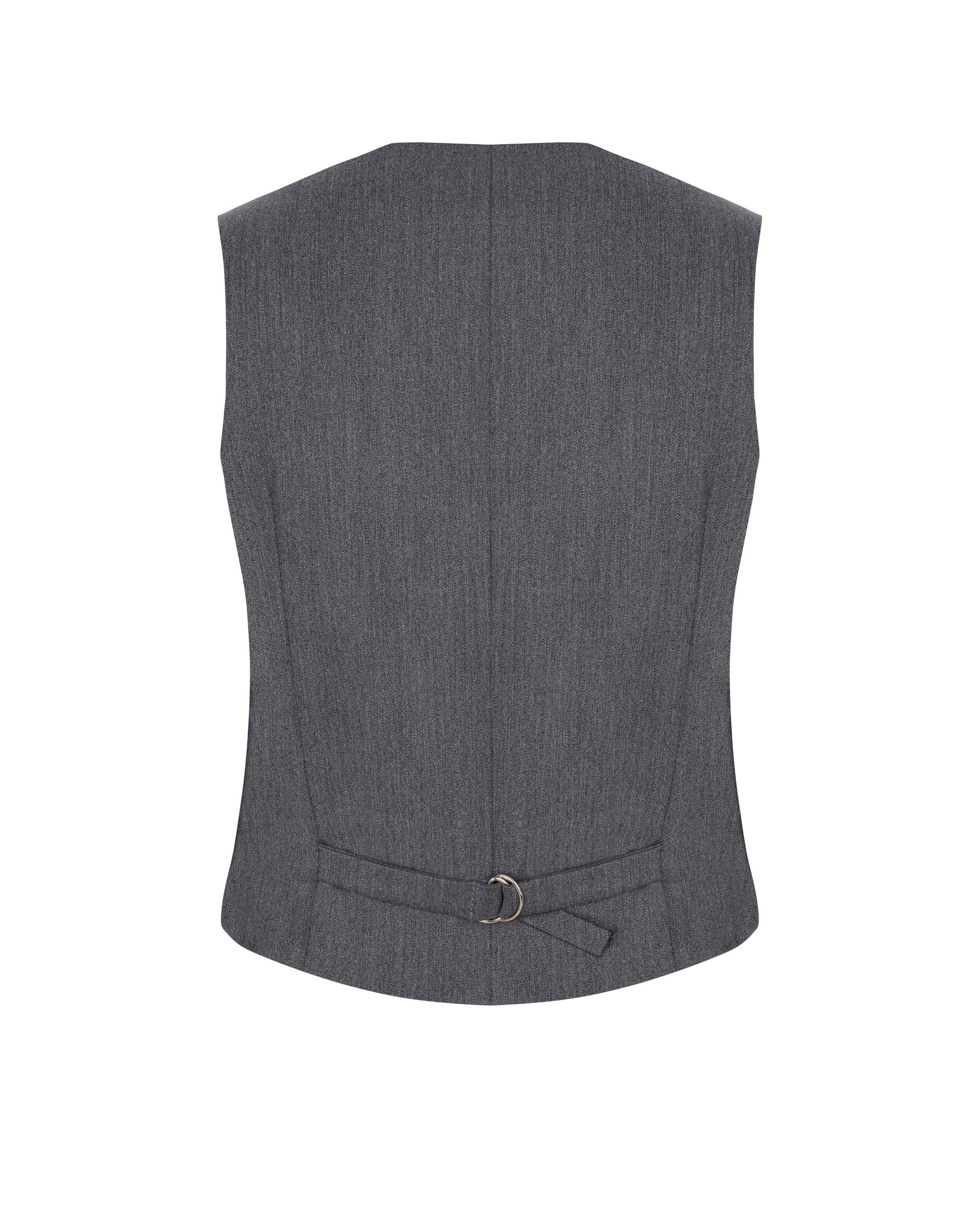 Back view of gray vest with adjustable waist buckle