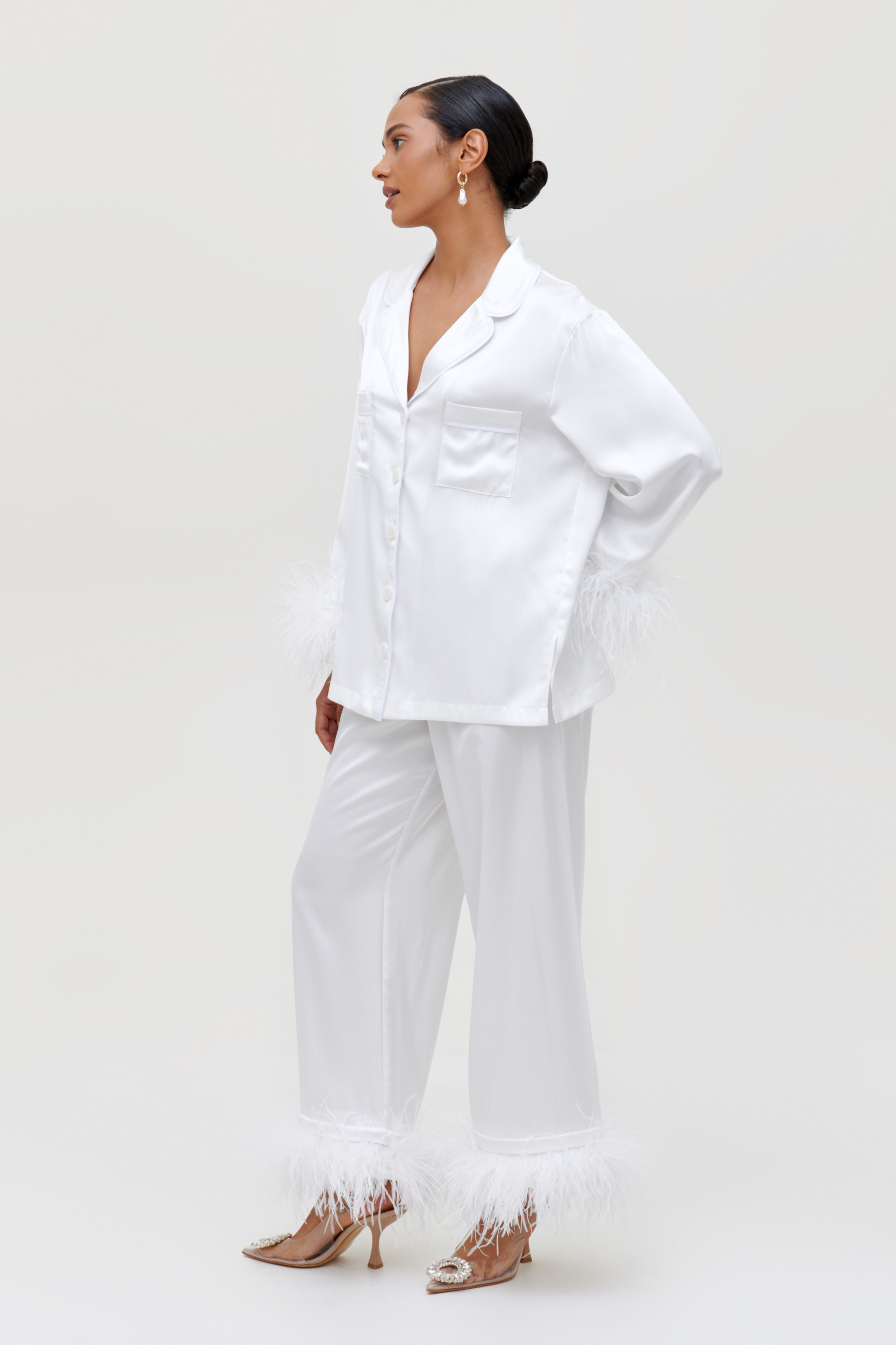 White feather pajamas – satin set with feather trim, side view
