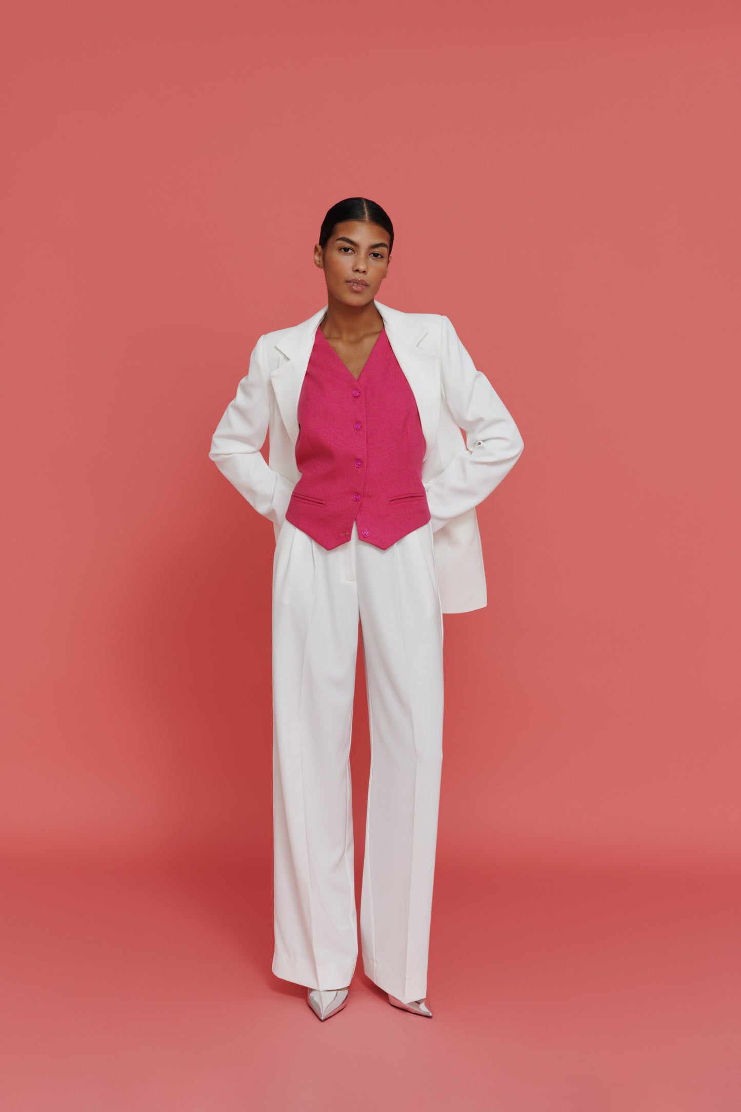 Model wearing oversized white blazer