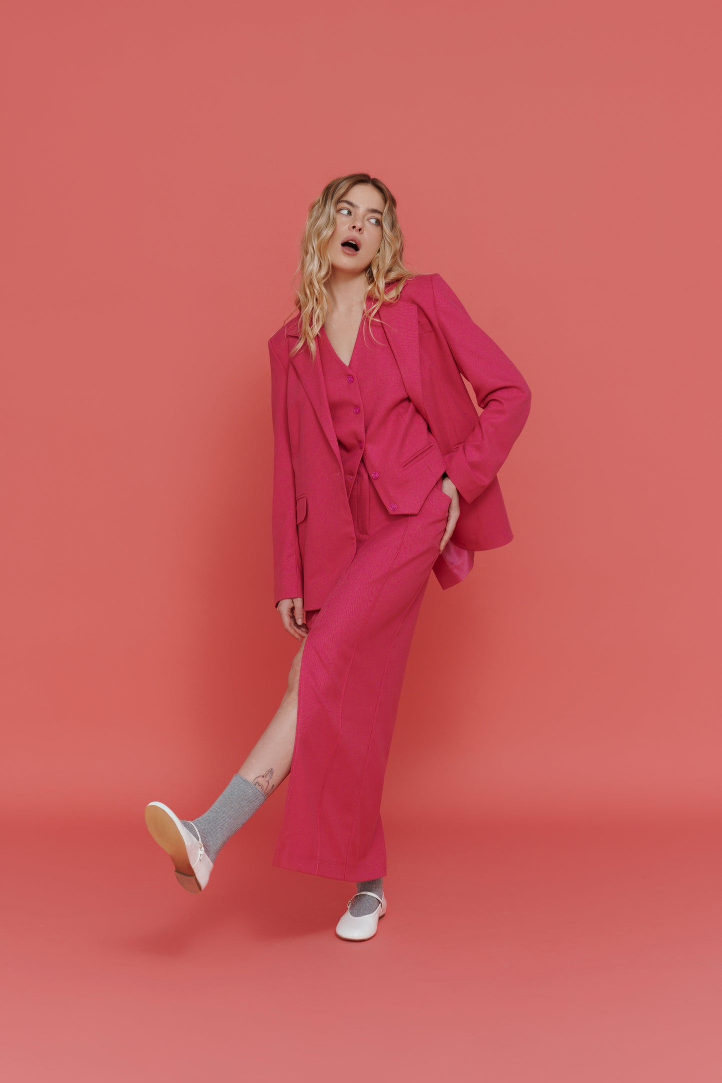 Pink Skirt – High Rise Women’s Suit Skirt with Front Slit