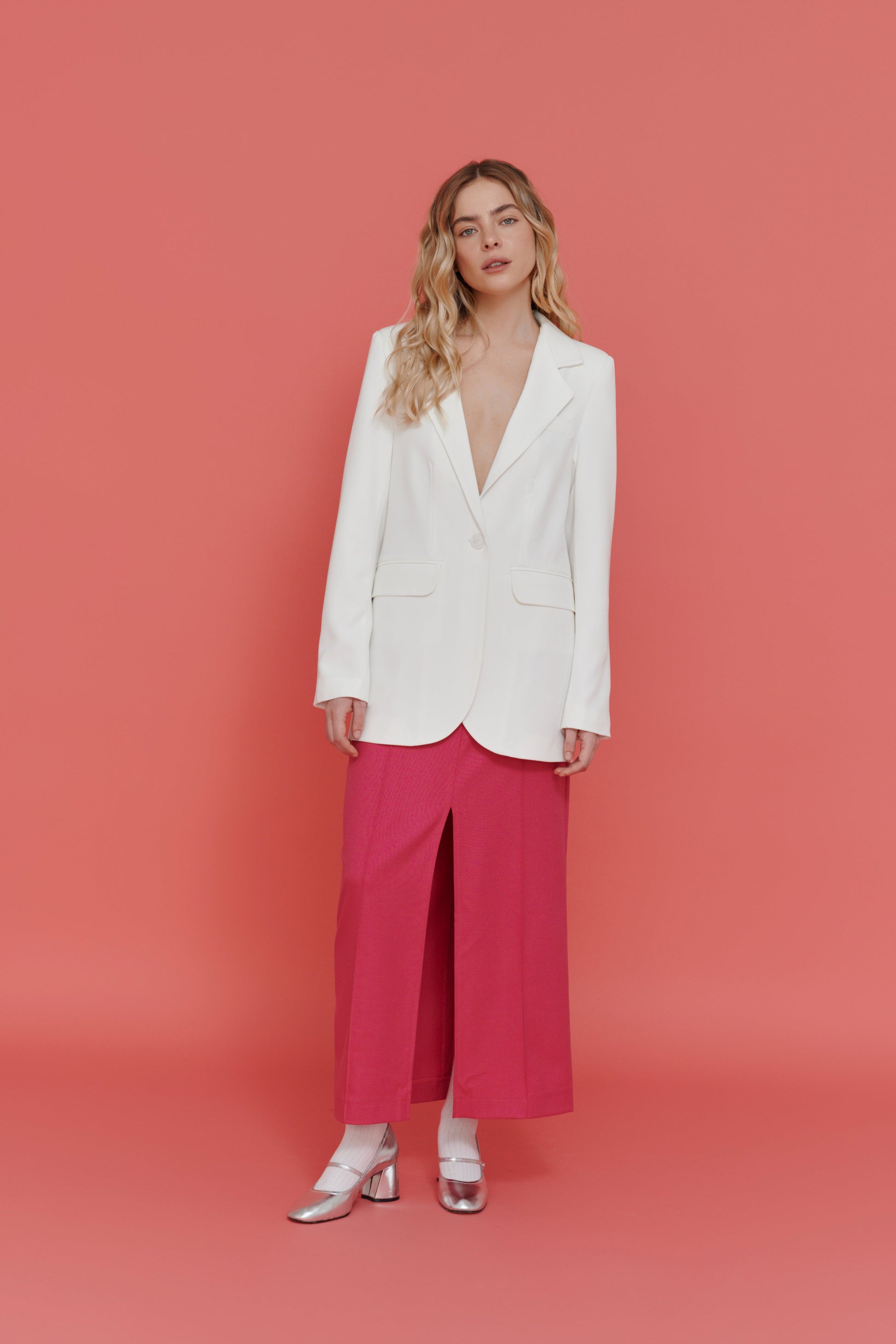 Pink Skirt styled with white blazer – chic outfit