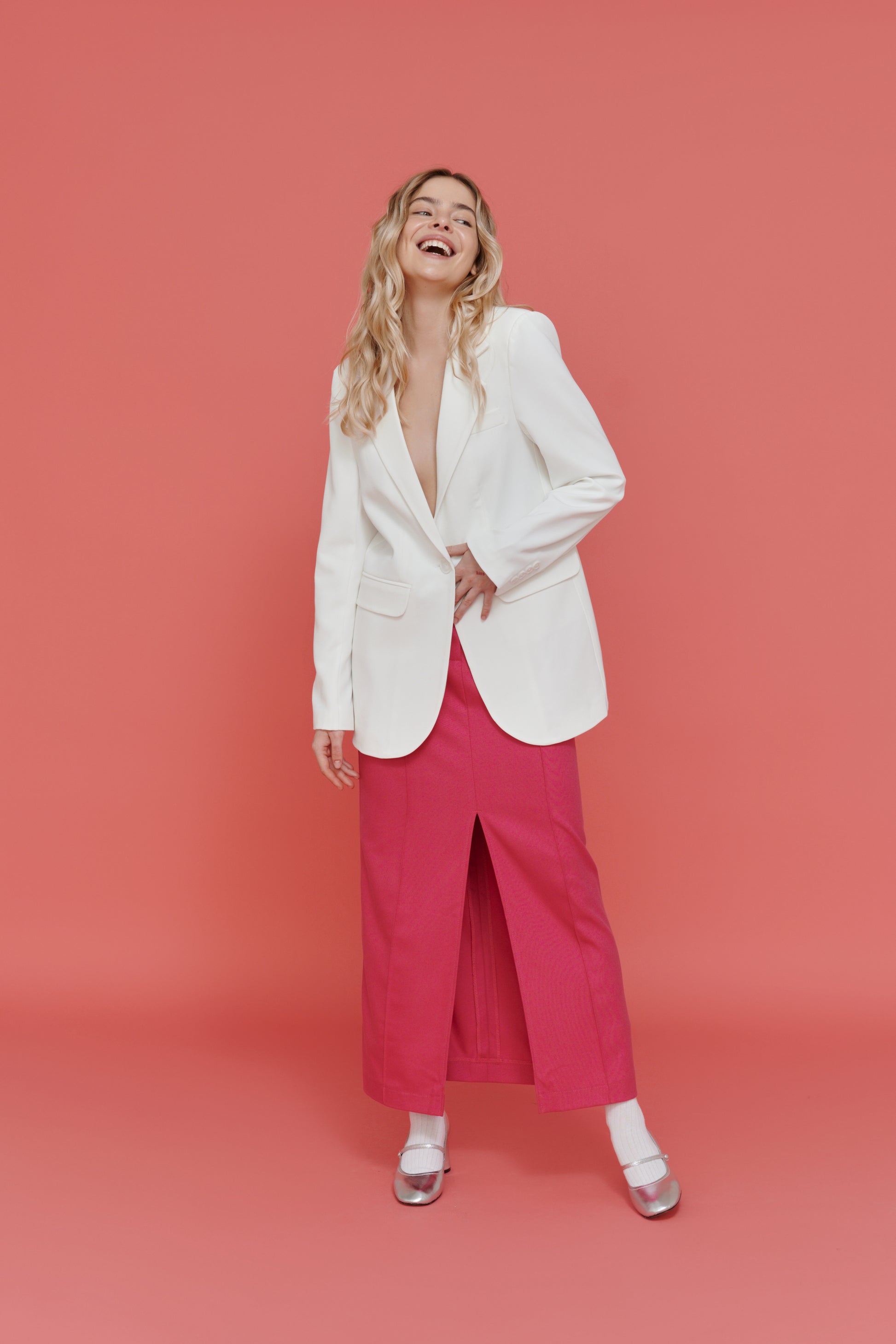 Pink Skirt with white jacket – modern women’s suit skirt