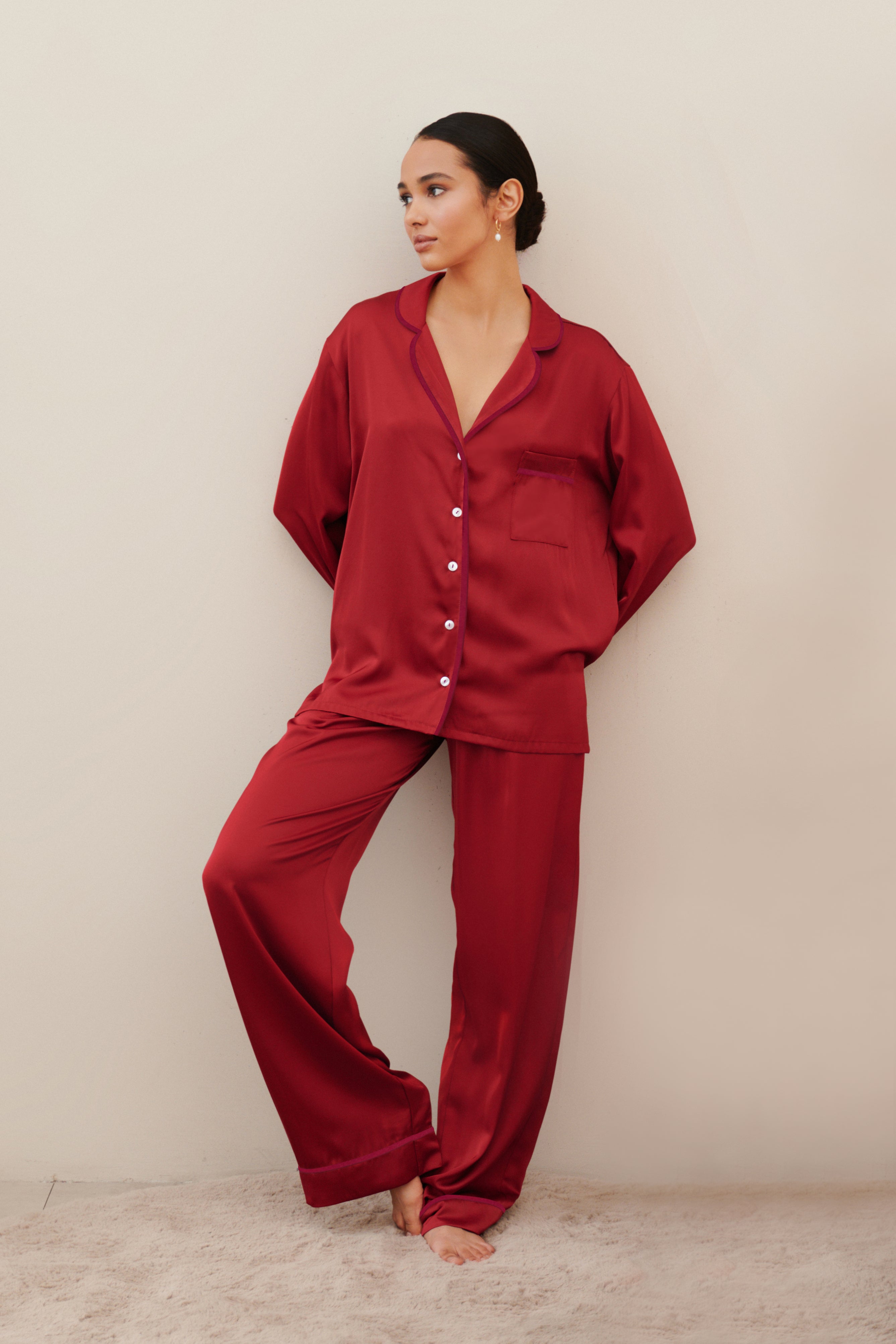 red silk pajama dress Red Satin Pajama Set Women's Pajamas PJs Open Back Nightgown Robe Spaghetti Strap Sexy Regular Fit Fall Valentine's Day Sleepwear