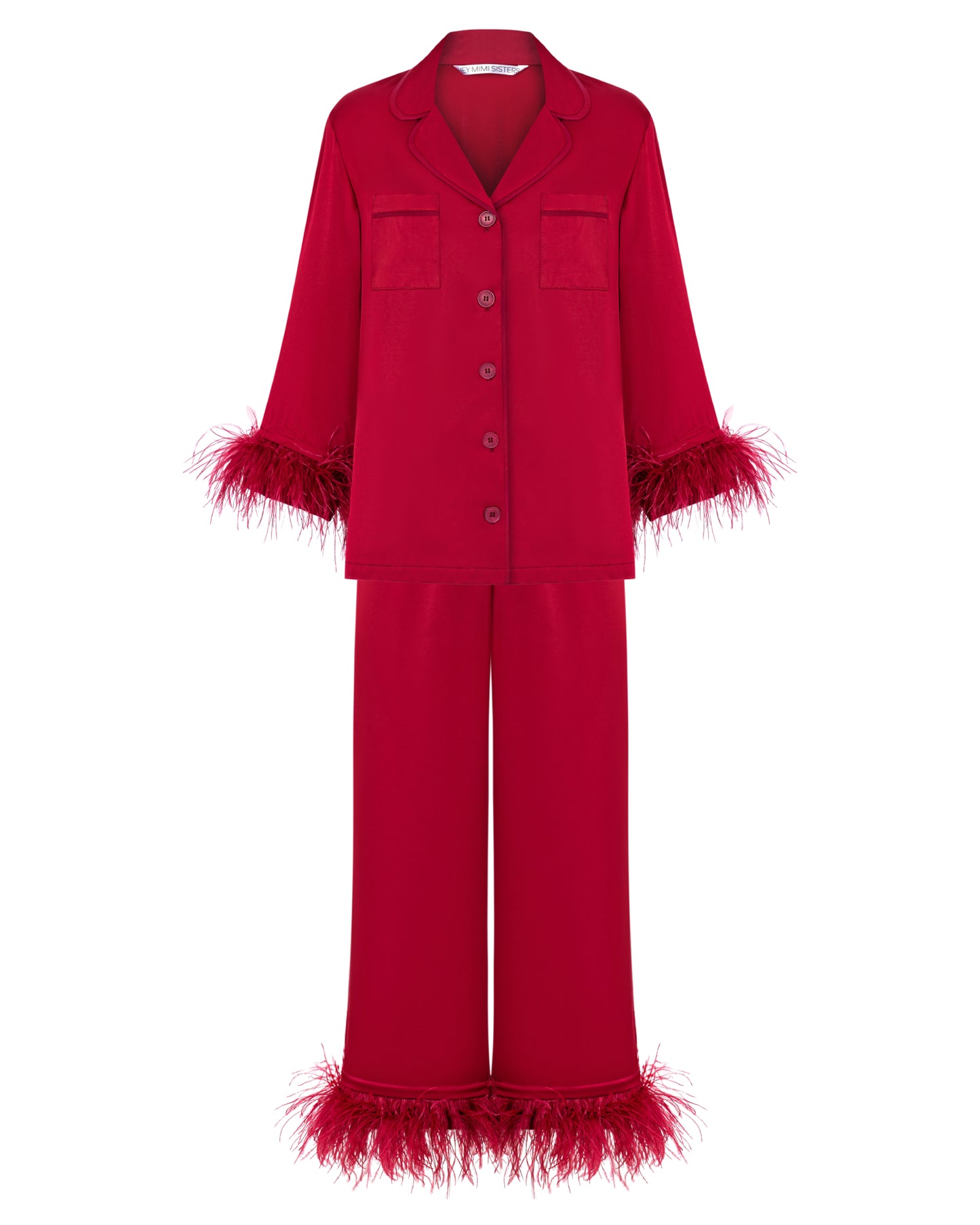 Burgundy feather pajamas two-piece set front view