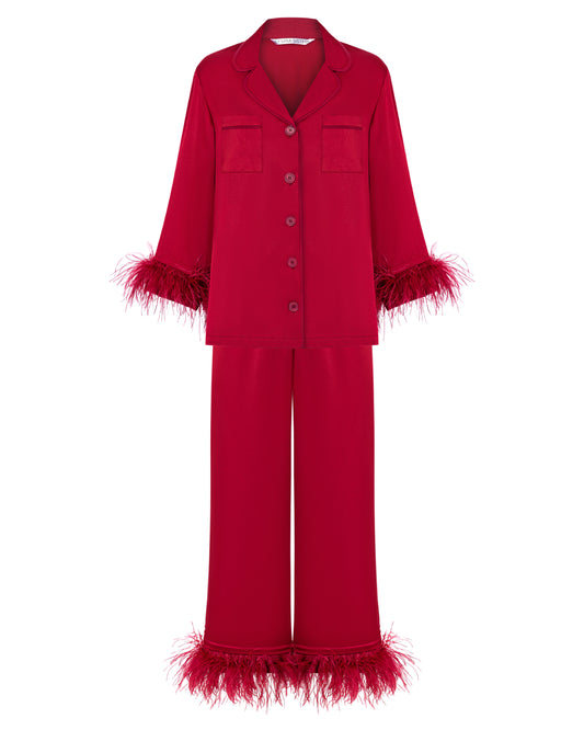Burgundy feather pajamas two-piece set front view