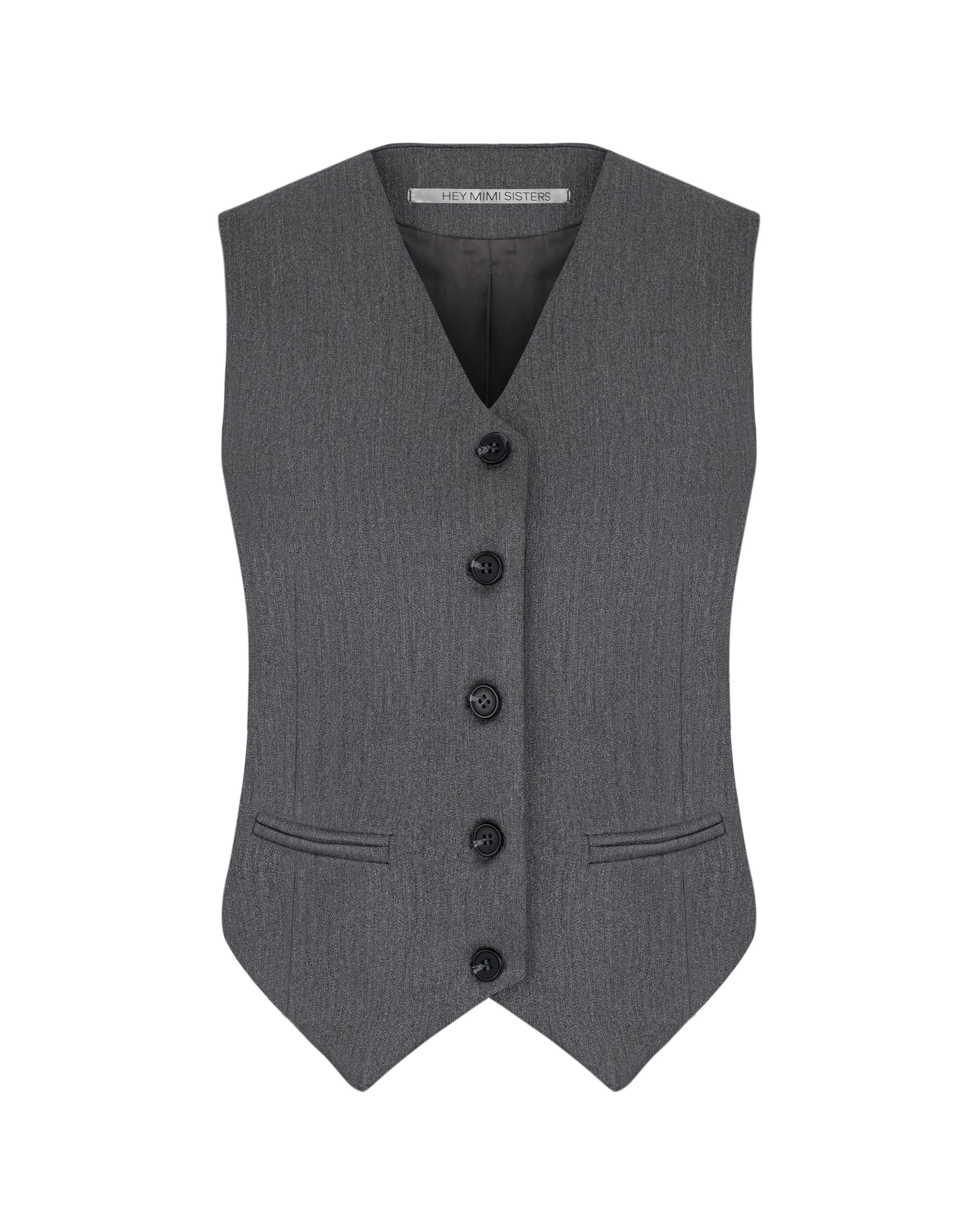 Front view of women’s gray vest, tailored suit design