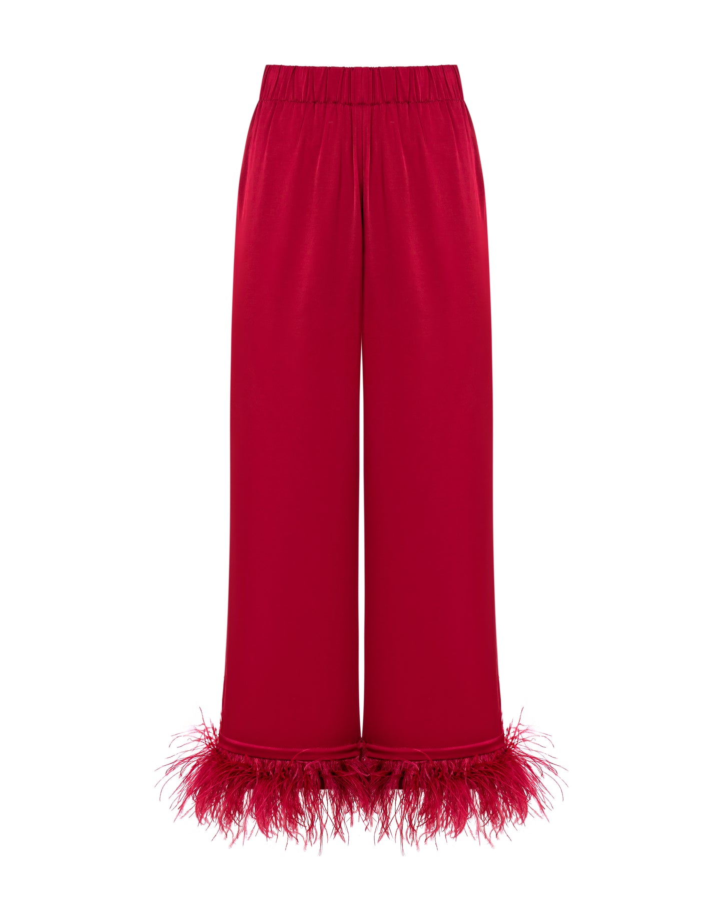 Burgundy pajamas wide-leg satin pants with feathers