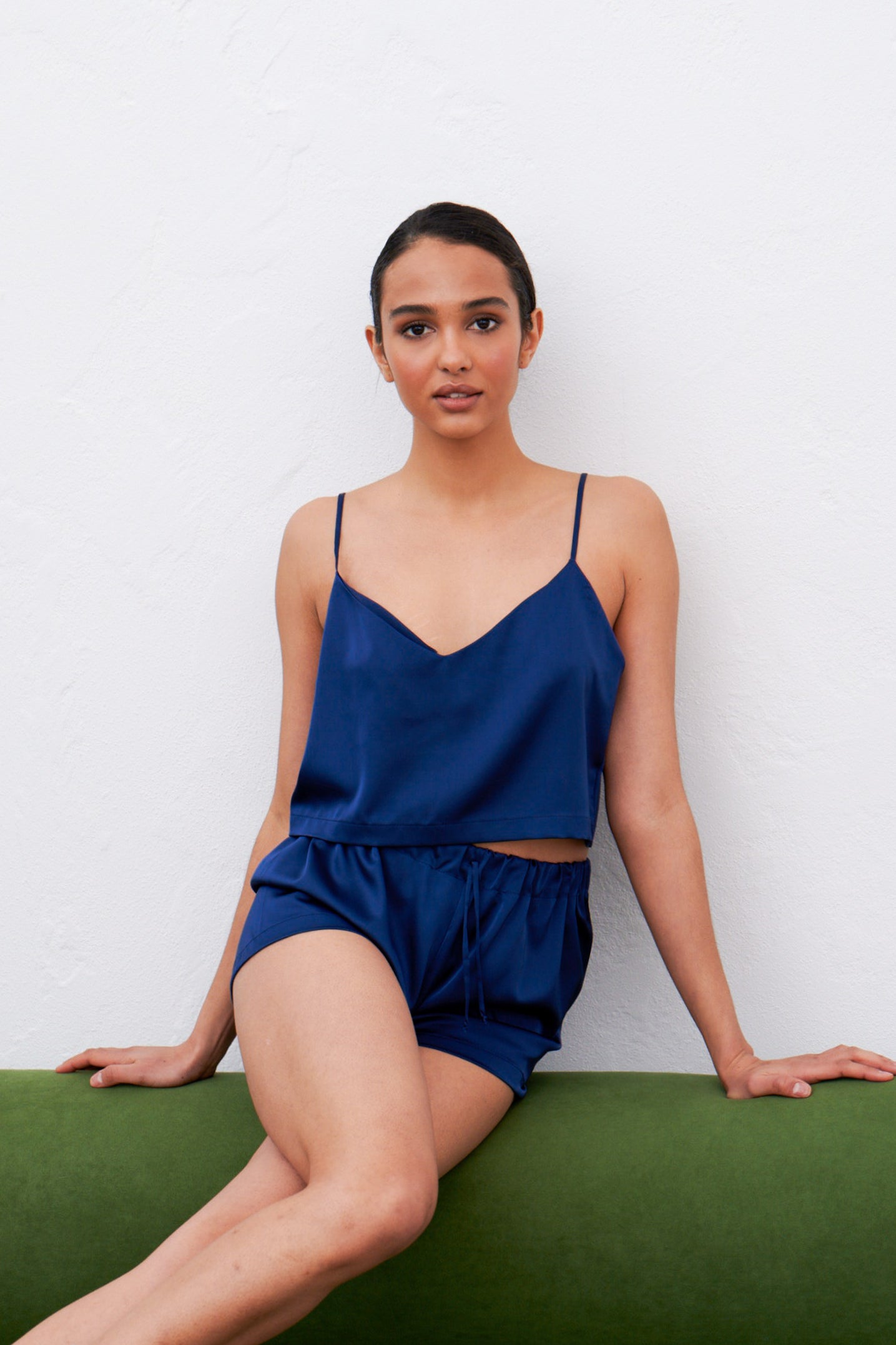 Dark blue satin pajamas – camisole top with straps