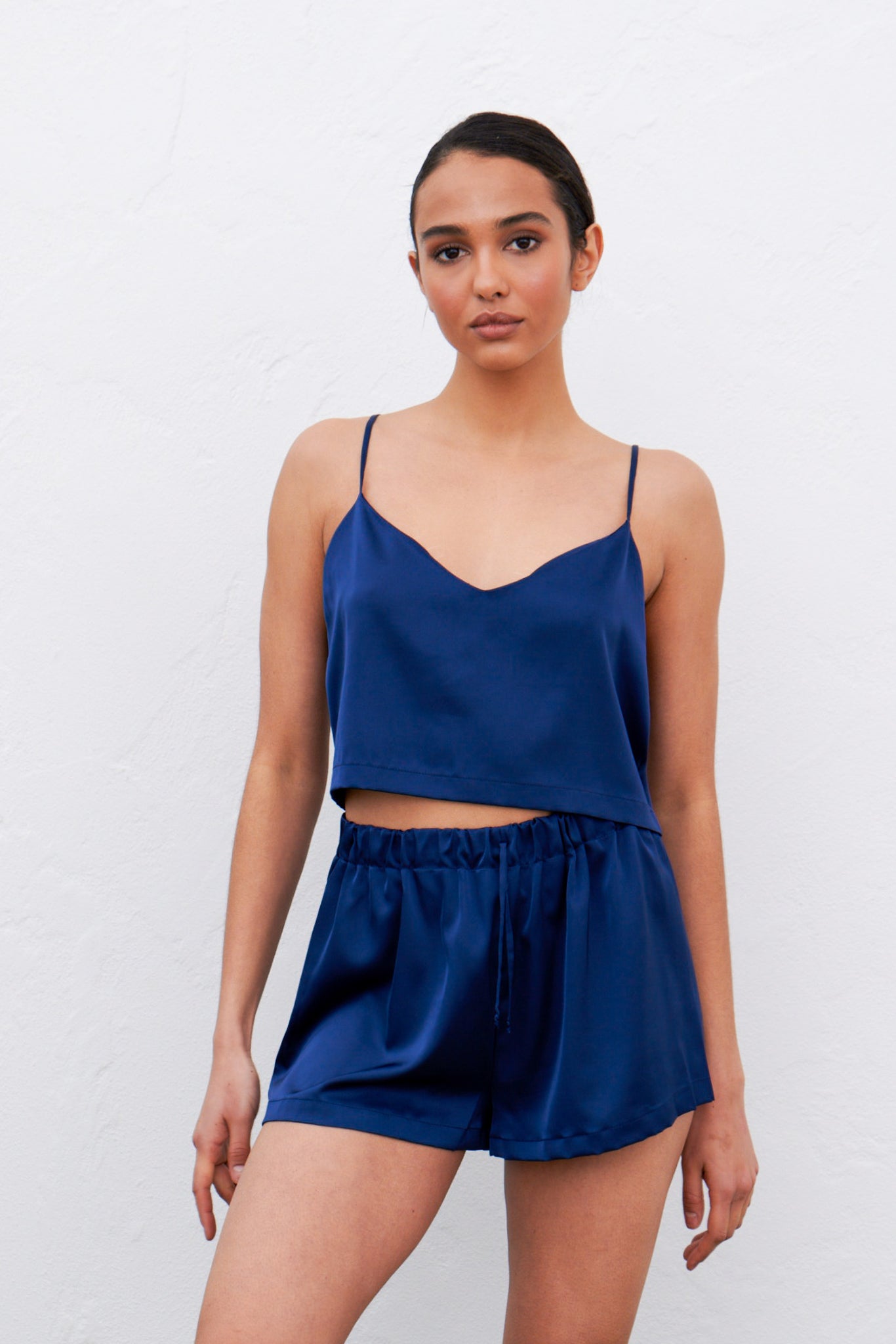 Dark Blue Satin Pajamas – Camisole & Shorts Set