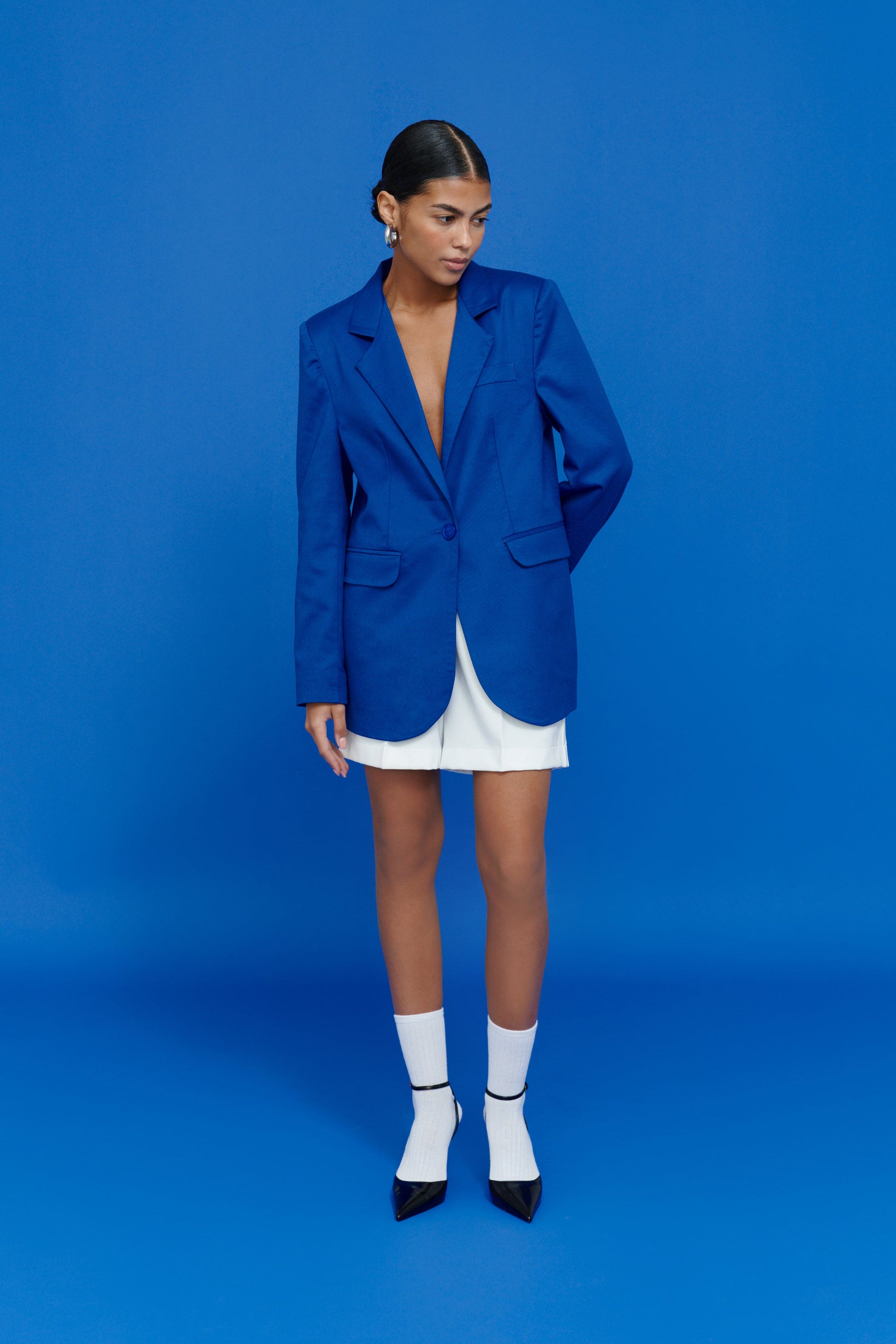 Model wearing Electric Blazer – office and event styling