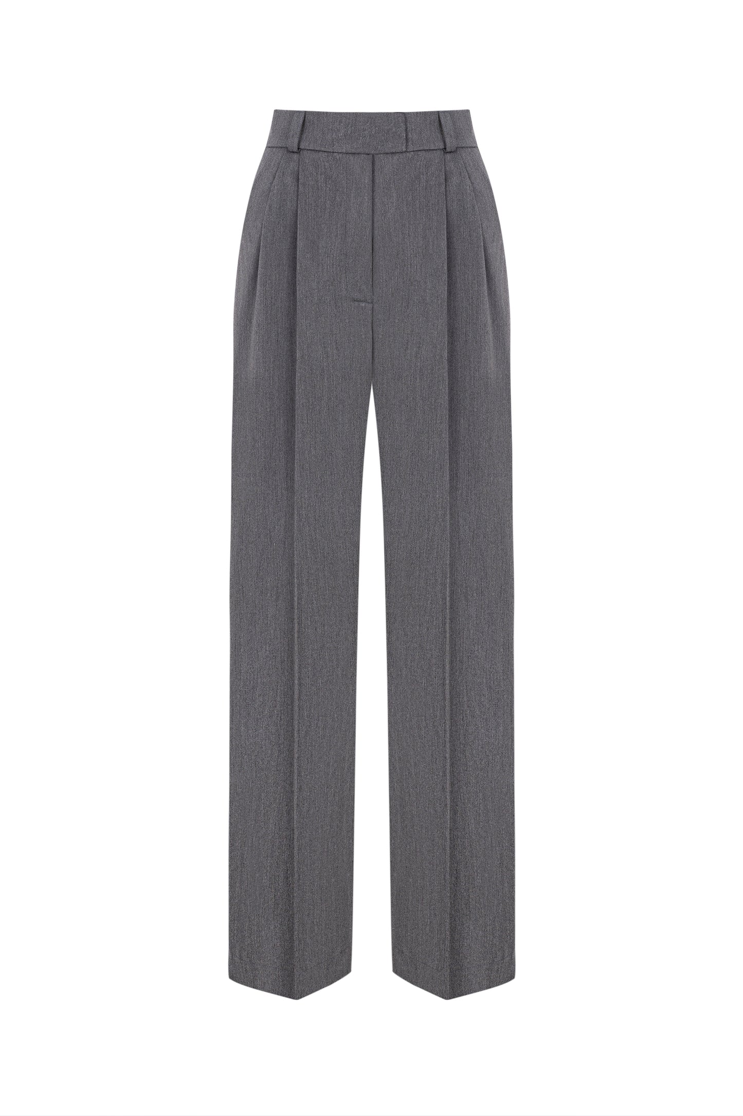 Model wearing gray palazzo pants with matching blazer.