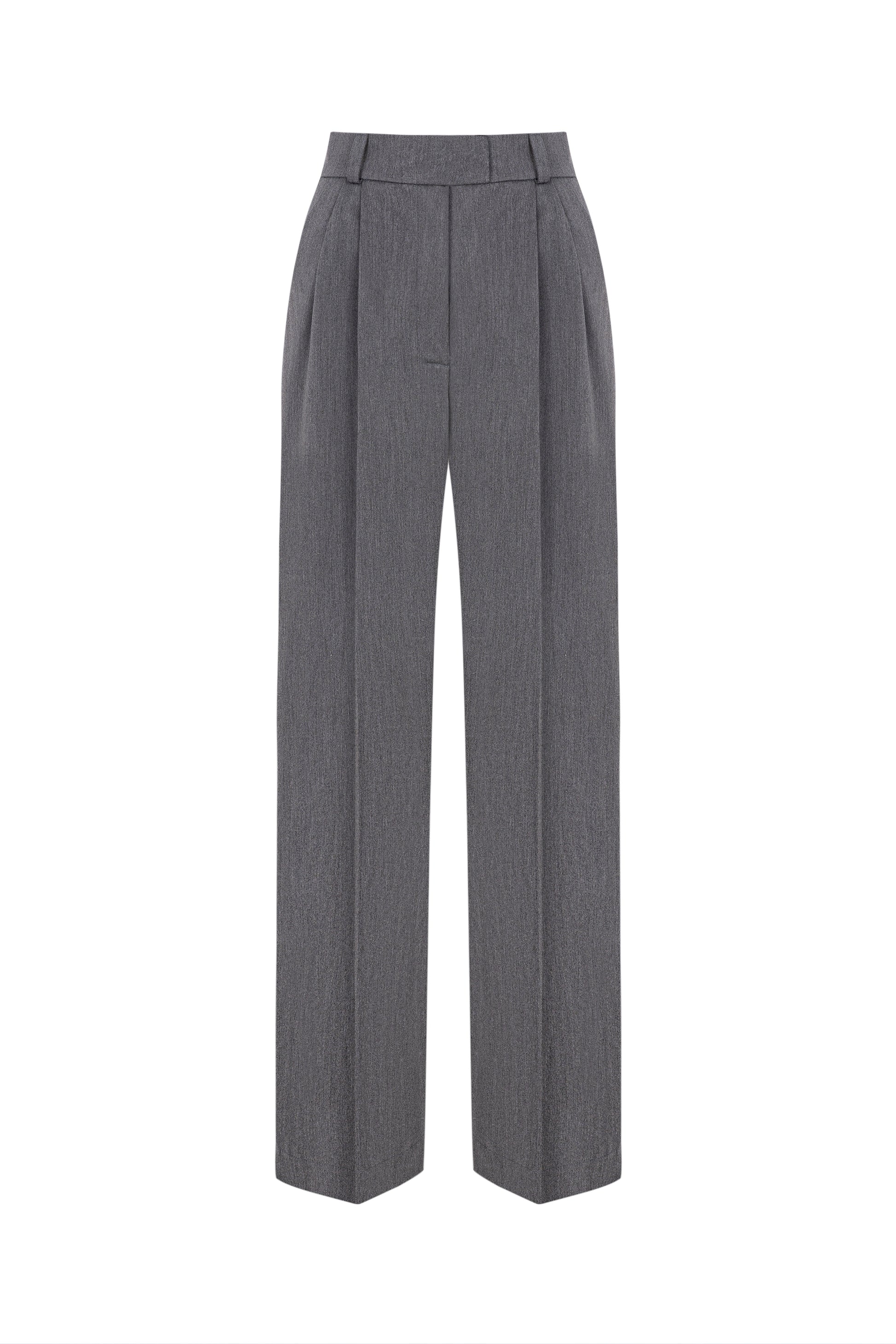Model wearing gray palazzo pants with matching blazer.