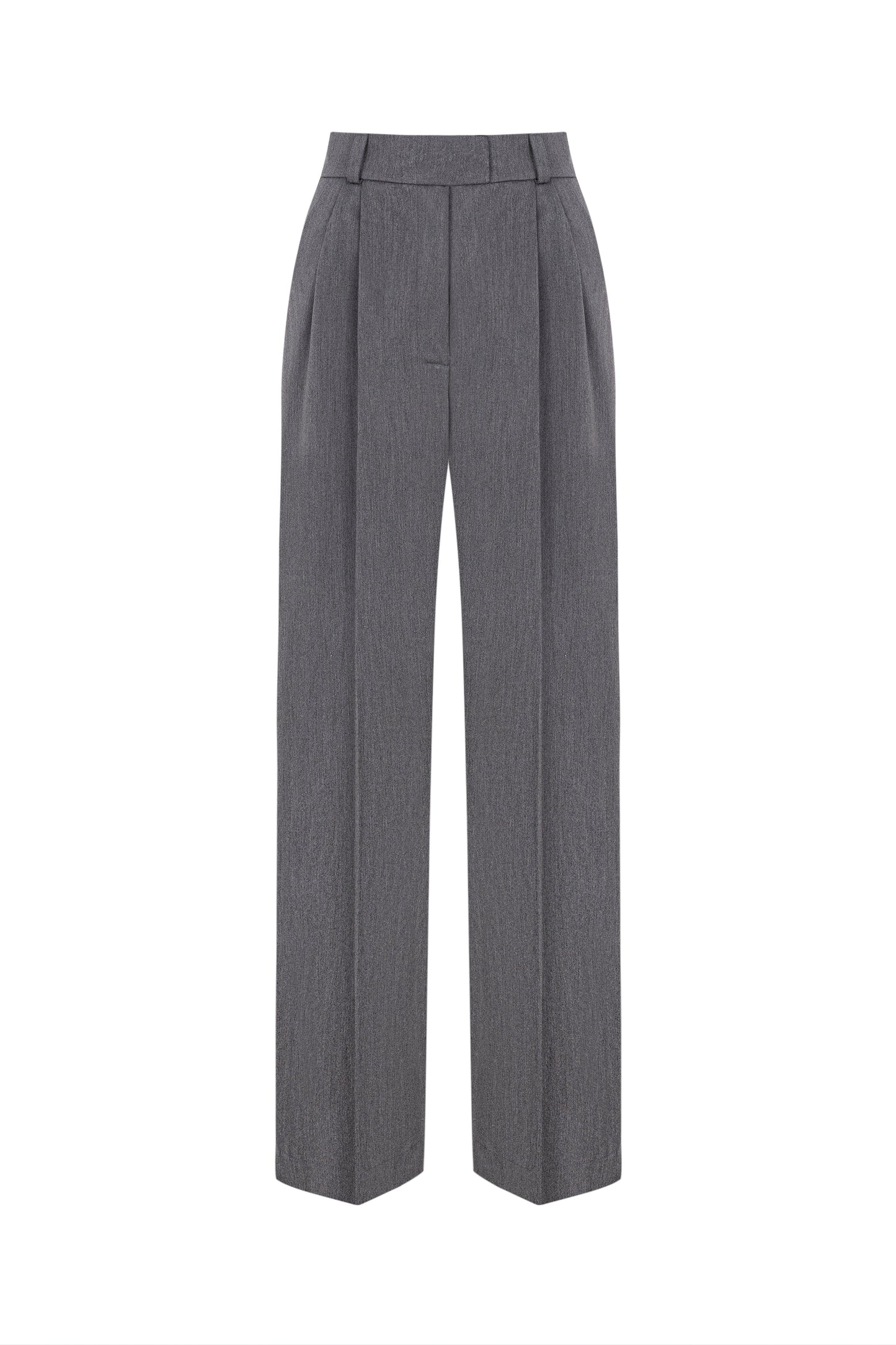 Elegant wide-leg gray palazzo trousers high rise.