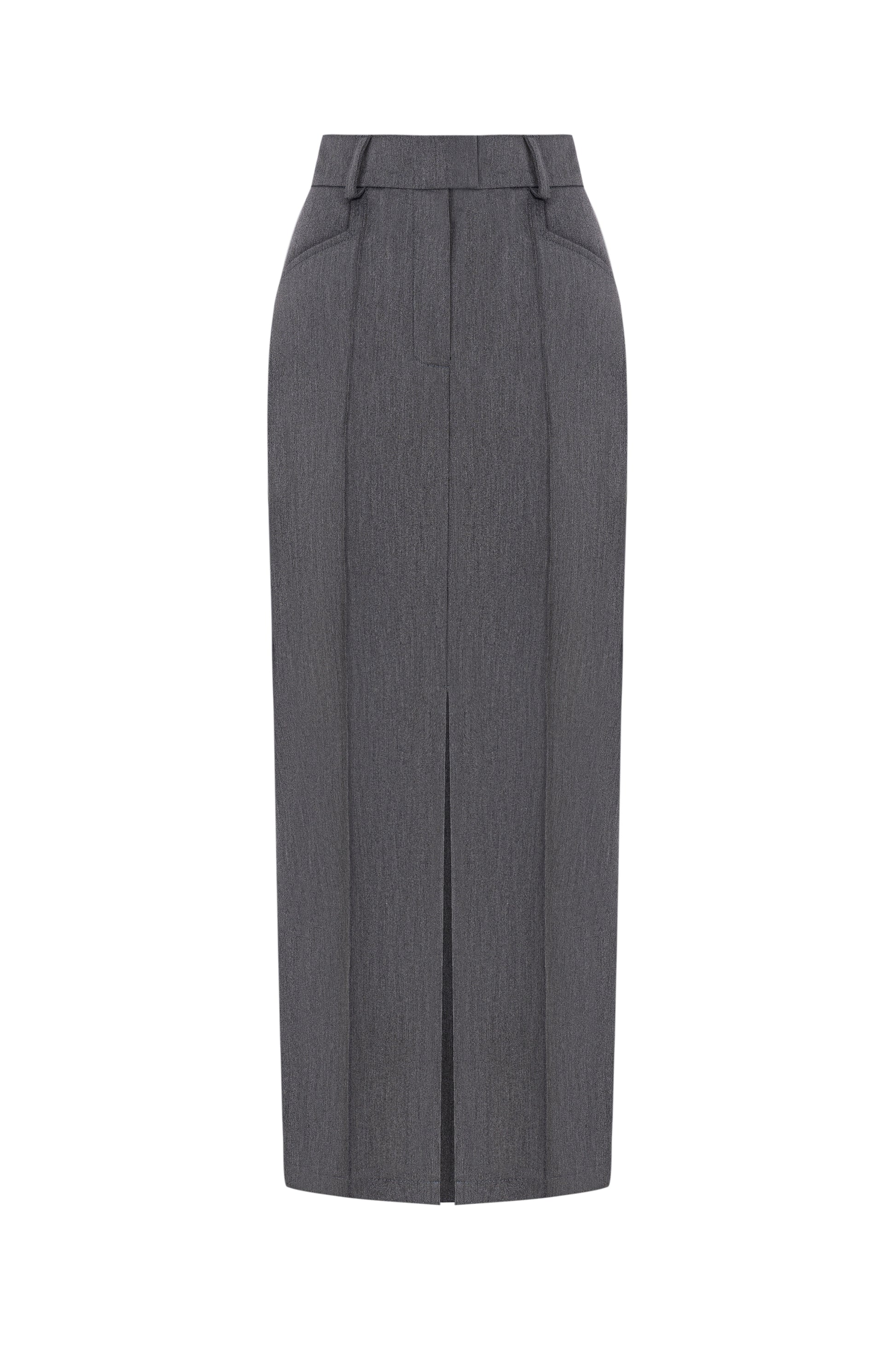 Model wearing gray skirt with matching blazer and vest, office look