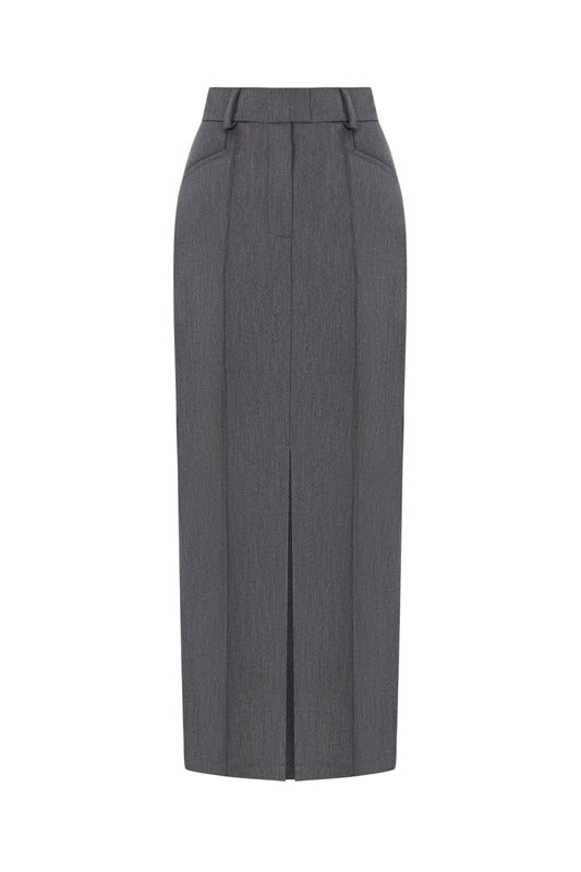 Model wearing gray skirt with matching blazer and vest, office look