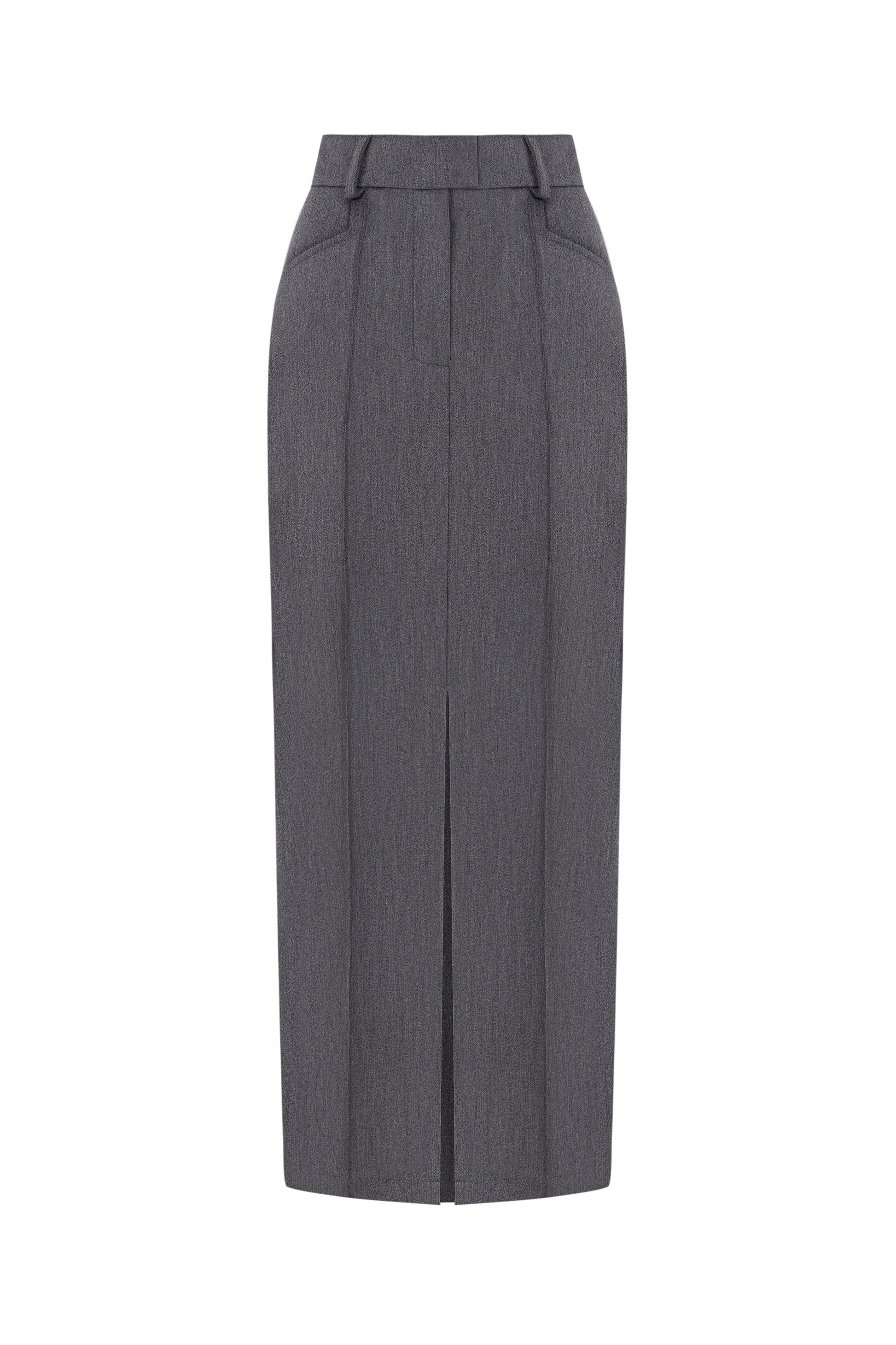 Back view of gray skirt showing tailored high waist design
