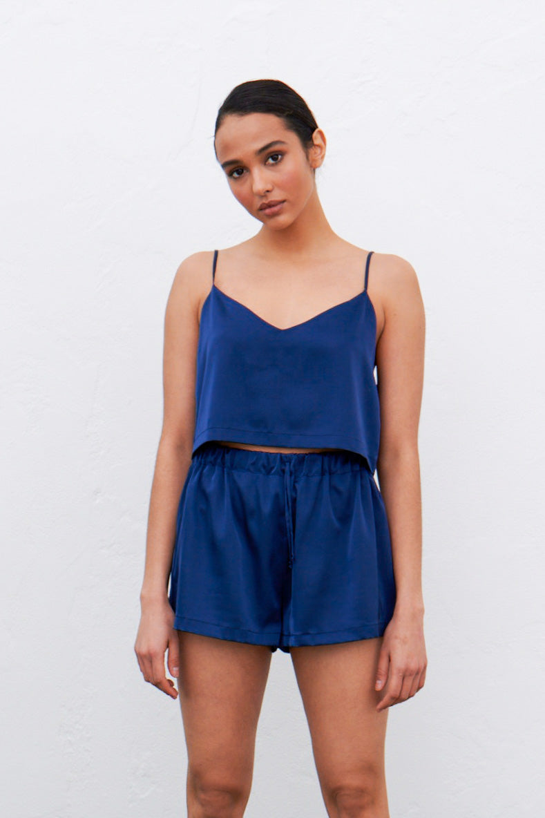 Dark blue satin pajamas – camisole and shorts front view