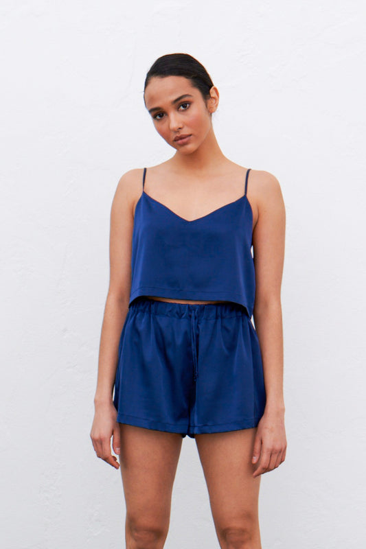 Dark blue satin pajamas – camisole and shorts front view