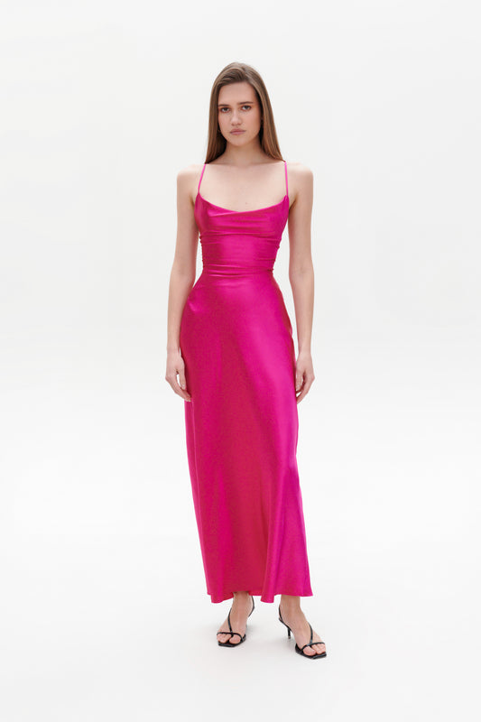 Fuchsia Slip Maxi Dress front view – slim fit satin cowl neck gown