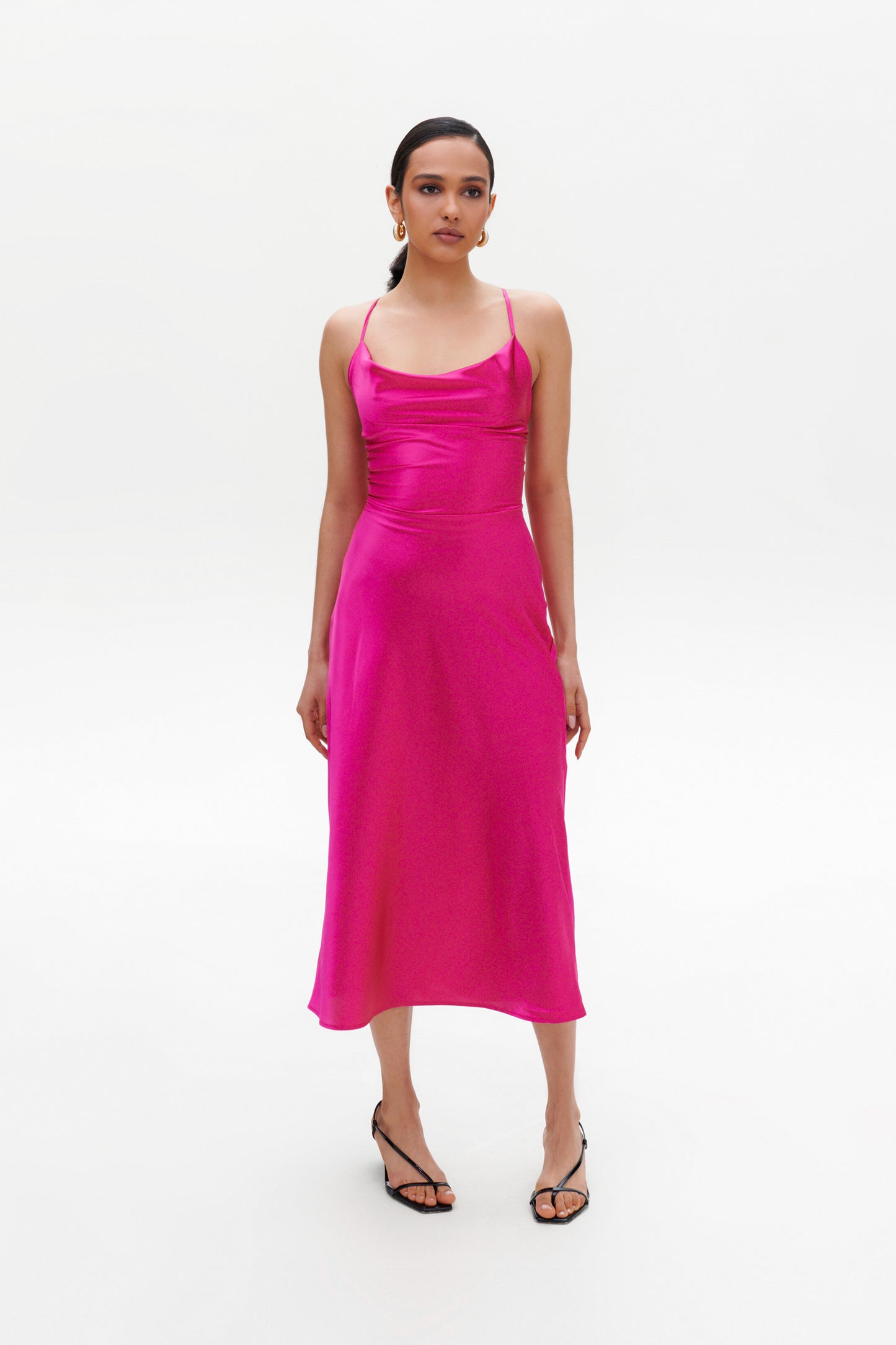 Fuchsia Slip Midi Dress front view – elegant satin cowl neck design