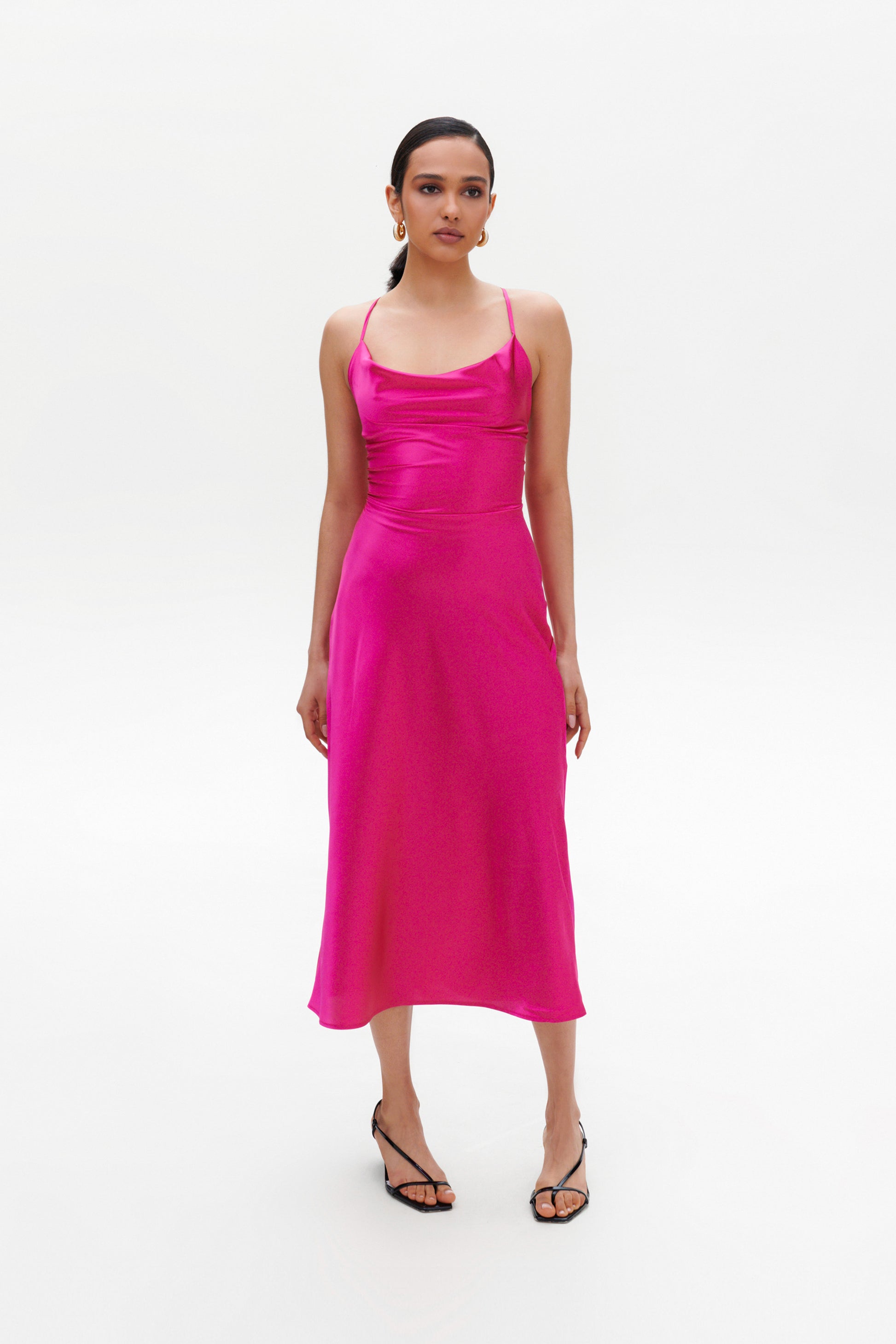 Fuchsia Slip Midi Dress front view – elegant satin cowl neck design