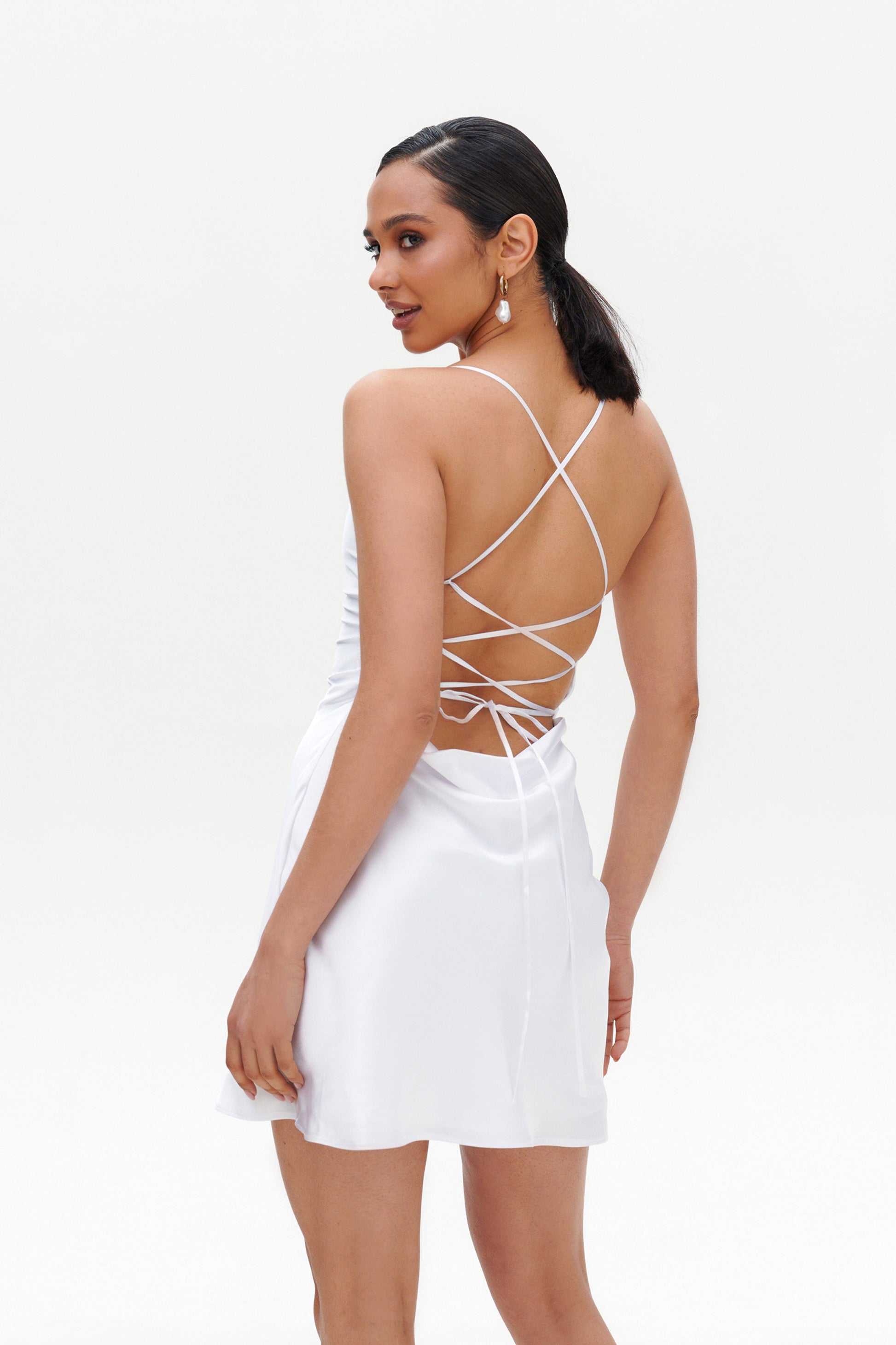 White Slip Mini Dress side view – elegant satin short dress in white