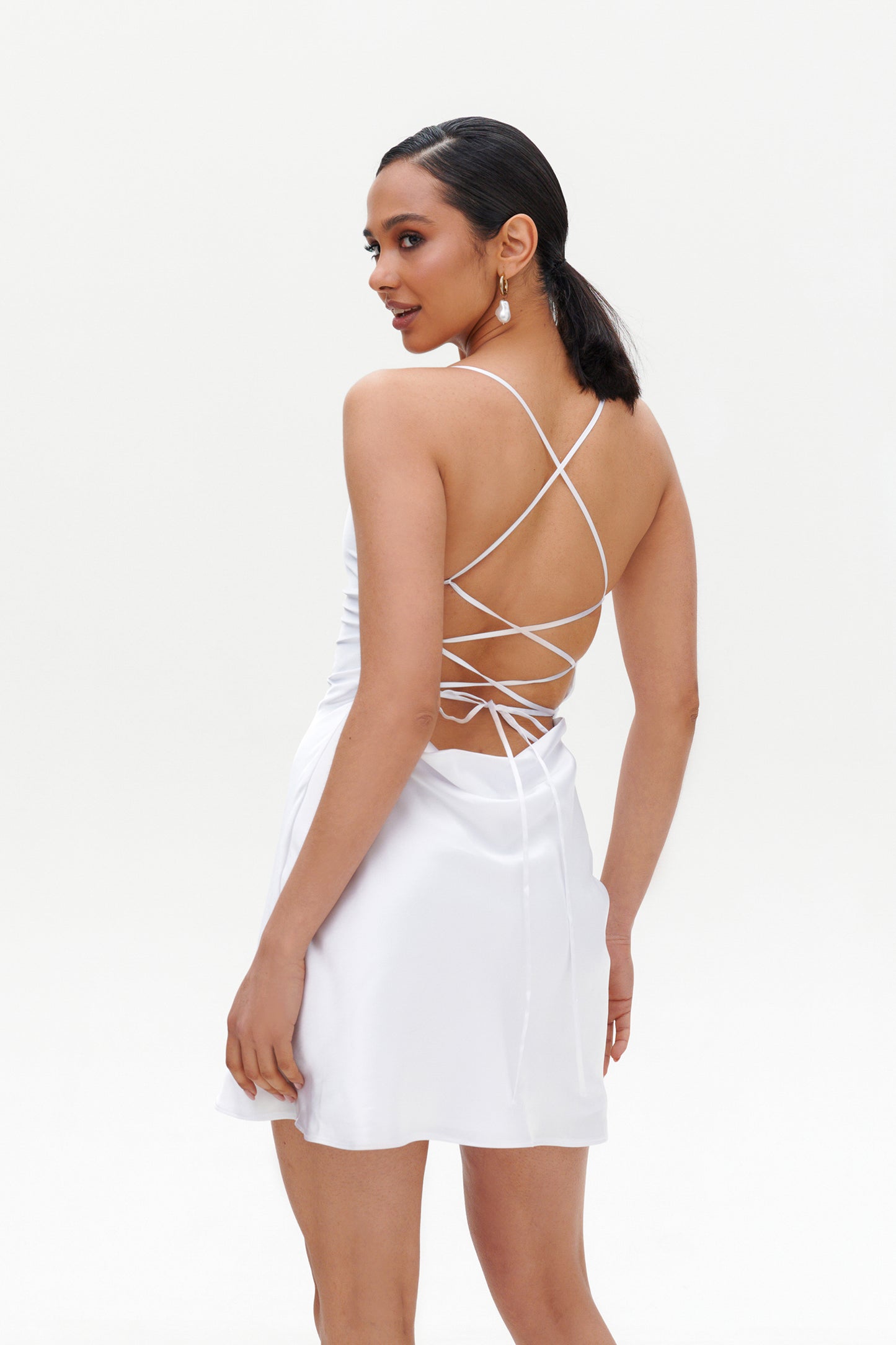 White Slip Mini Dress side view – elegant satin short dress in white