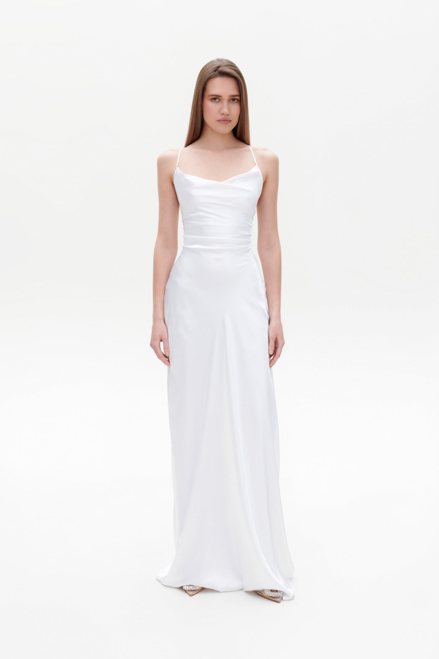 White Slip Maxi Dress front view – satin elegant long white dress