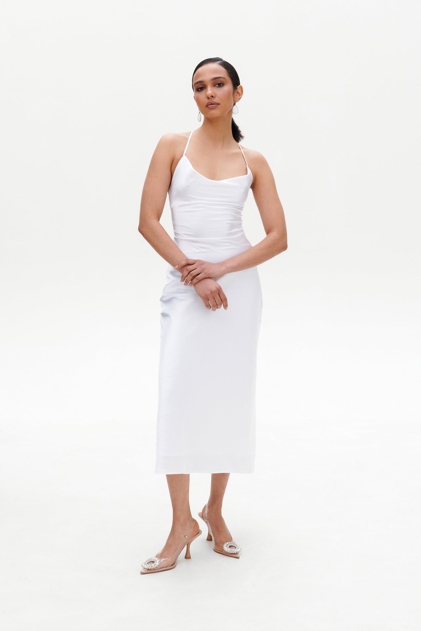 White Slip Midi Dress front view – satin white midi dress with slim fit