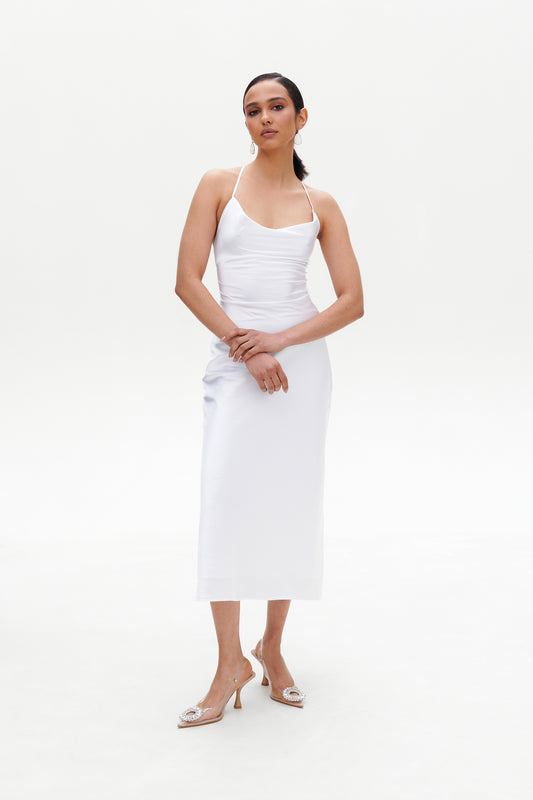 White Slip Midi Dress front view – satin white midi dress with slim fit