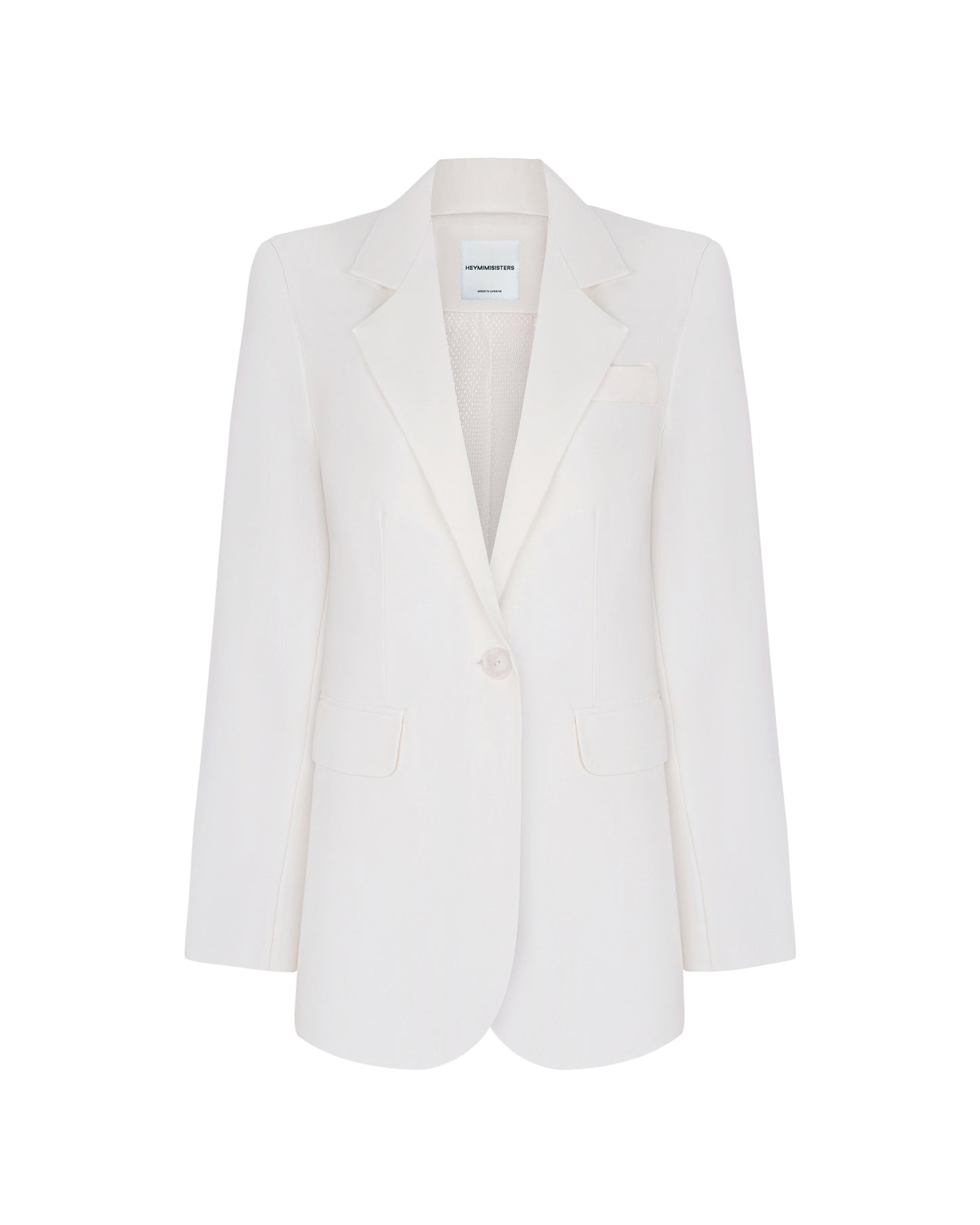 Front view of women’s oversized white blazer with notch lapels