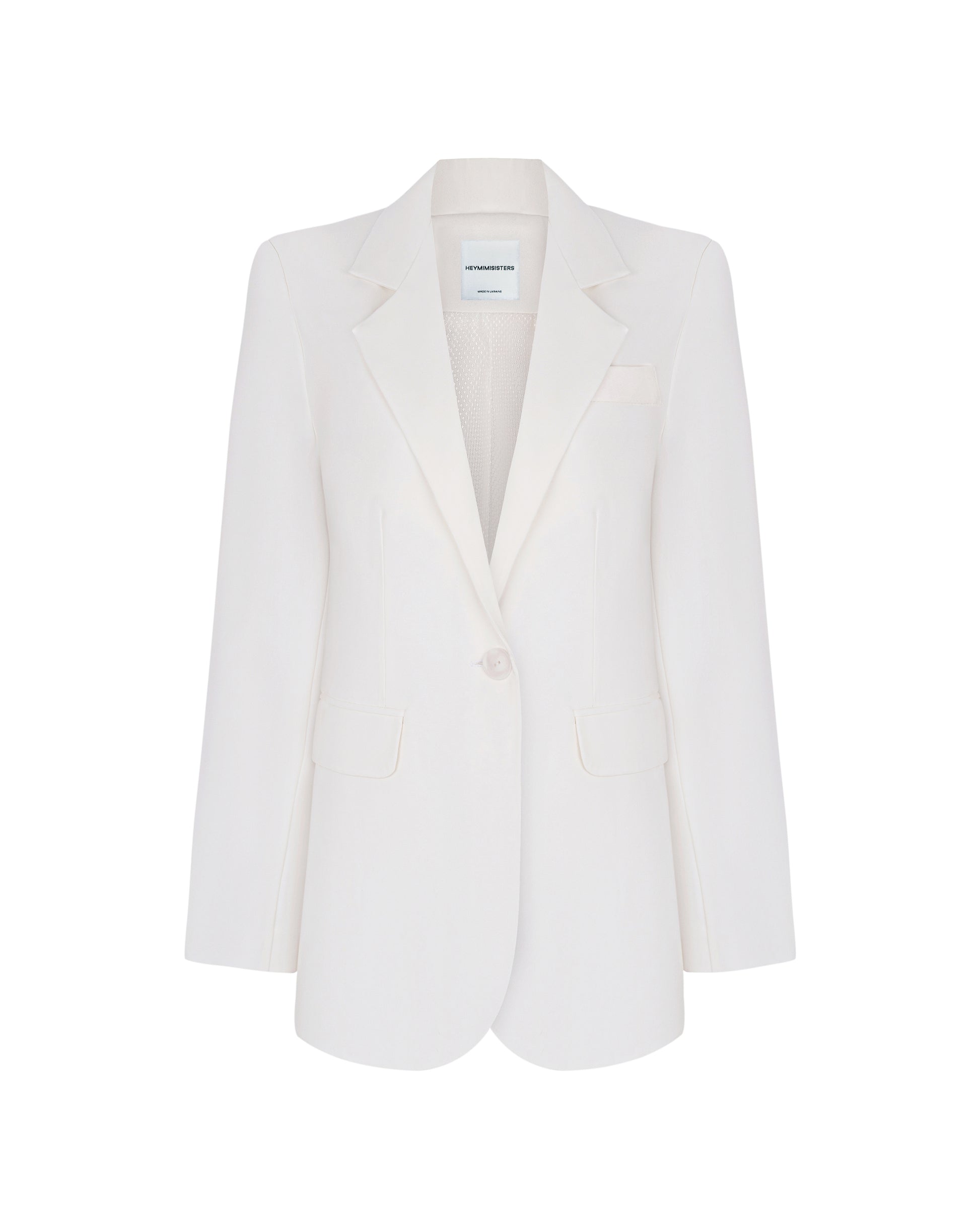 Front view of women’s oversized white blazer with notch lapels