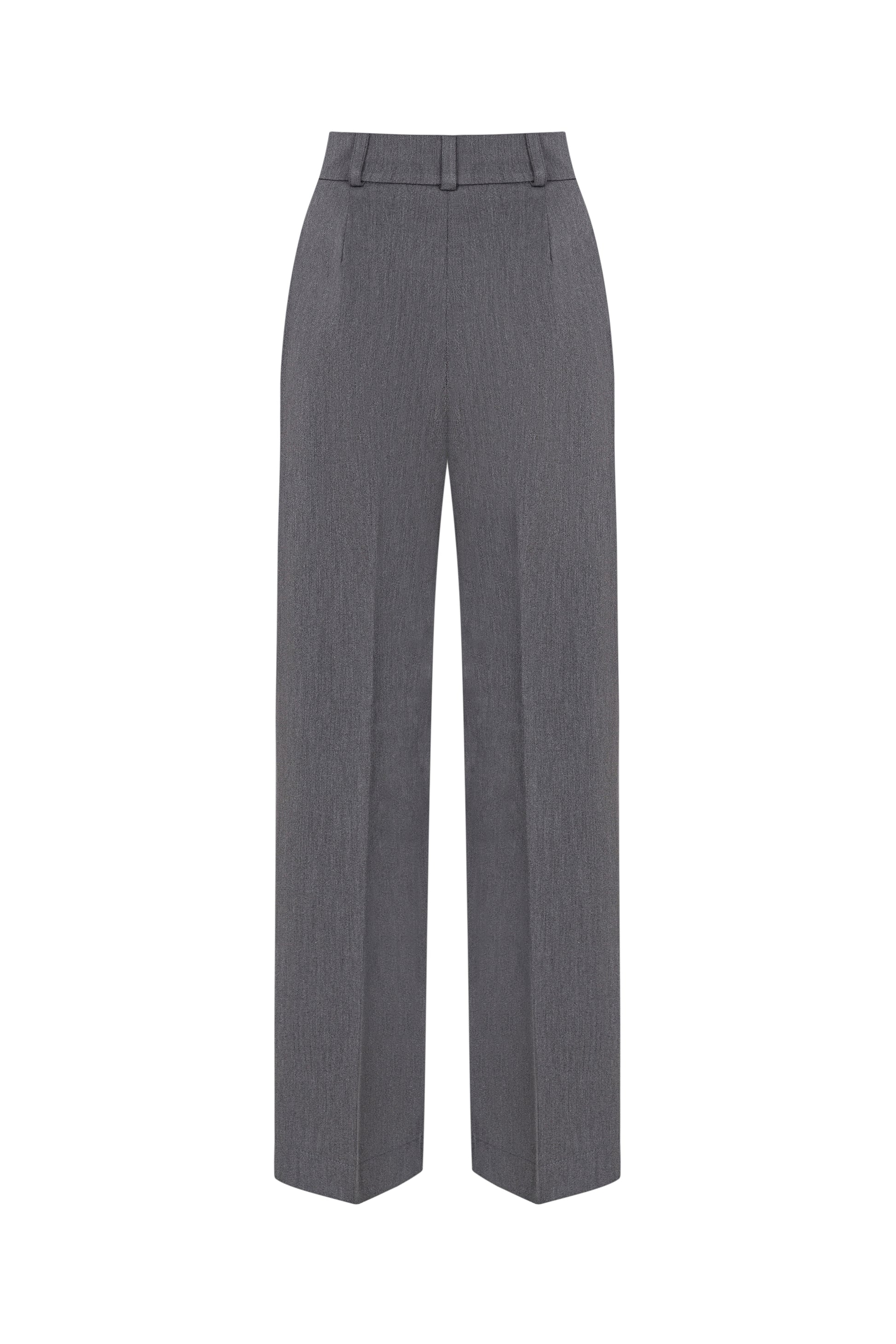 Professional women’s suit set featuring gray palazzo pants.