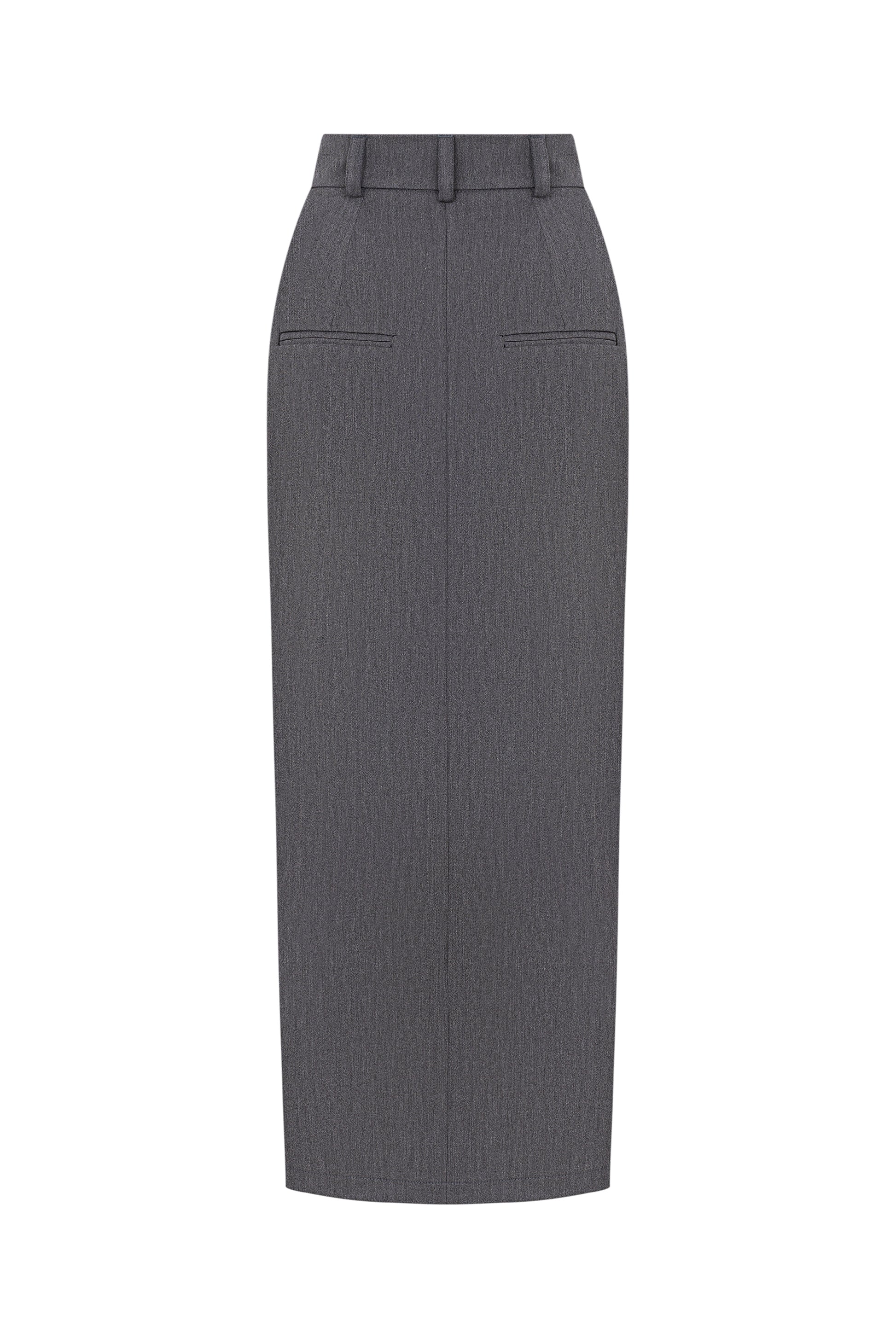 Back view of gray skirt showing tailored high waist design
