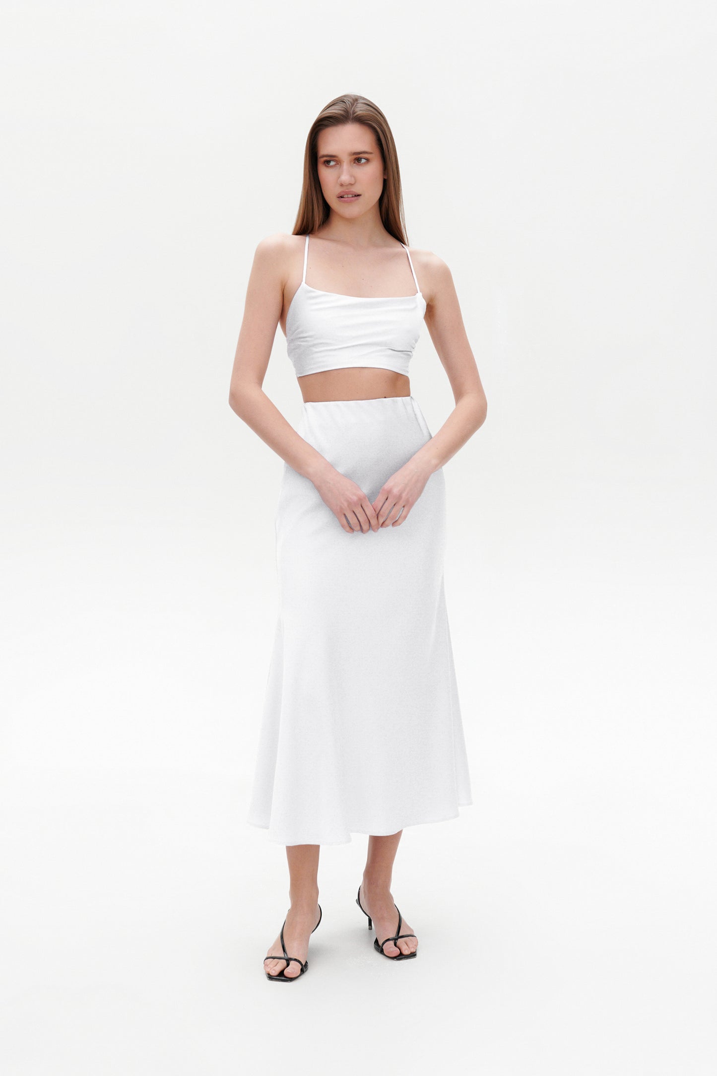 White Satin Skirt front view – high rise bias cut midi