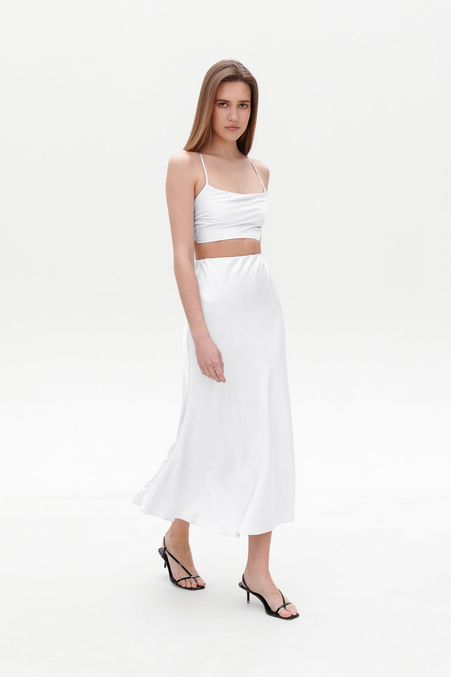White Satin Skirt – High Rise Bias Cut Midi Skirt