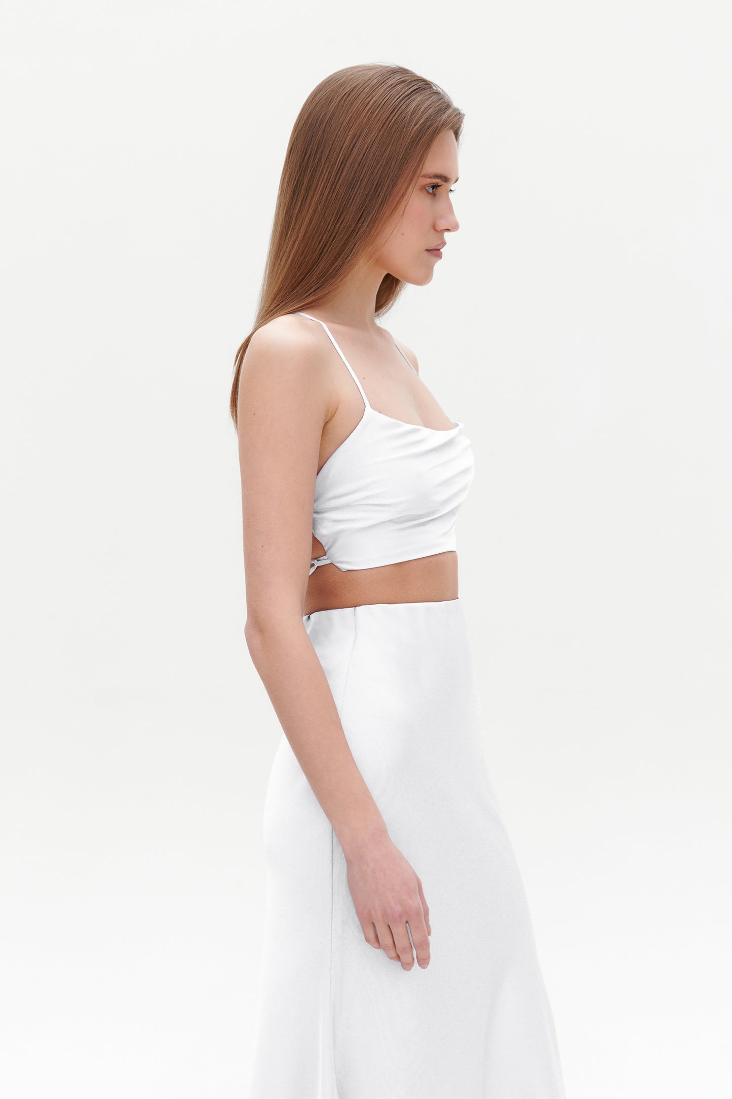 White Satin Skirt – High Rise Bias Cut Midi Skirt