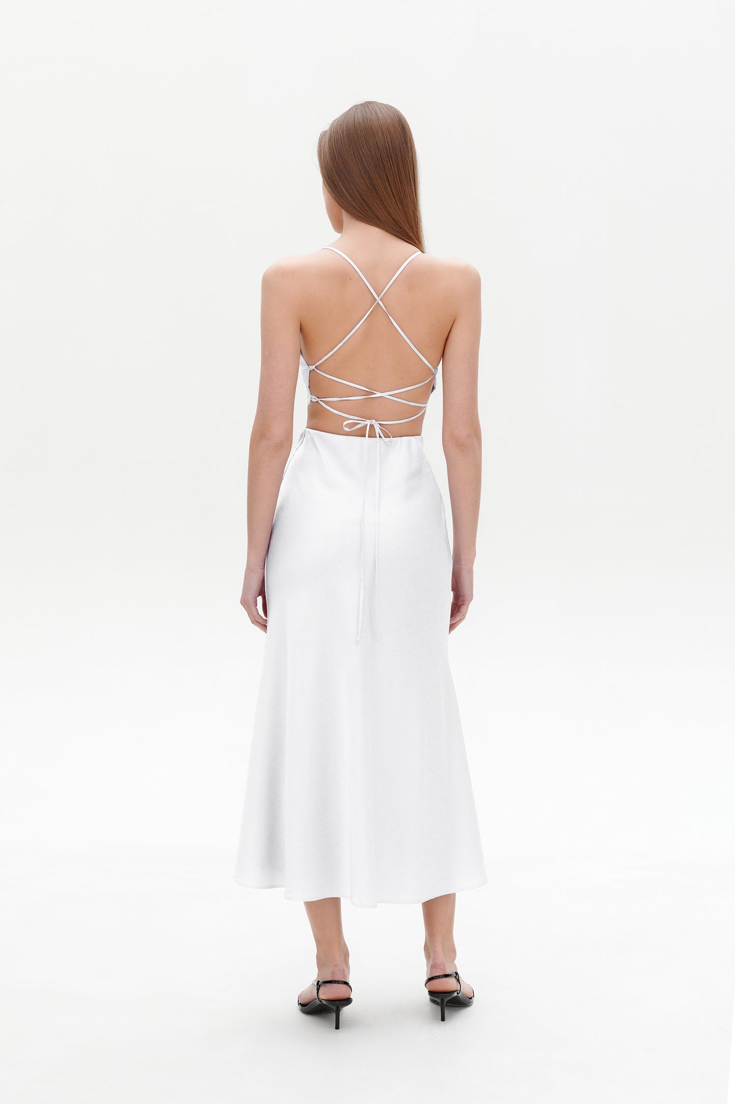 White Satin Skirt back view – satin midi co-ord set