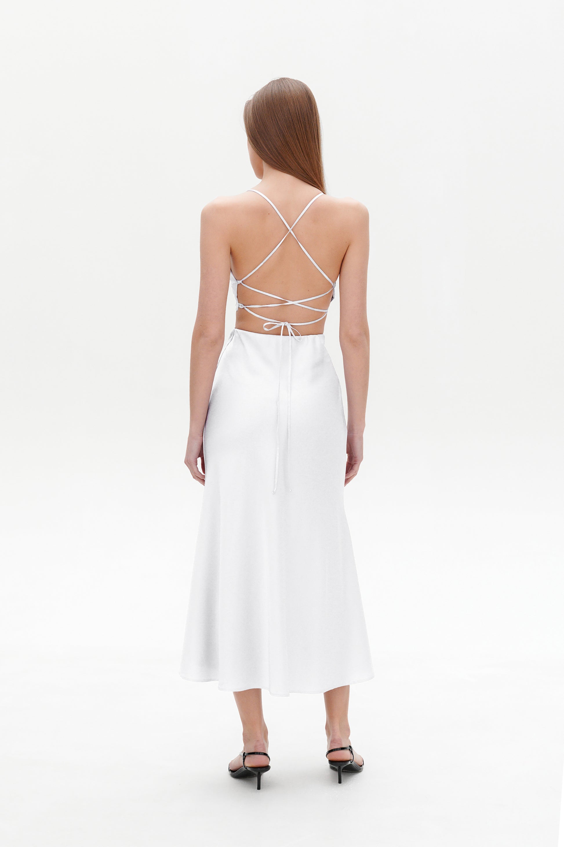 White Satin Skirt back view – satin midi co-ord set