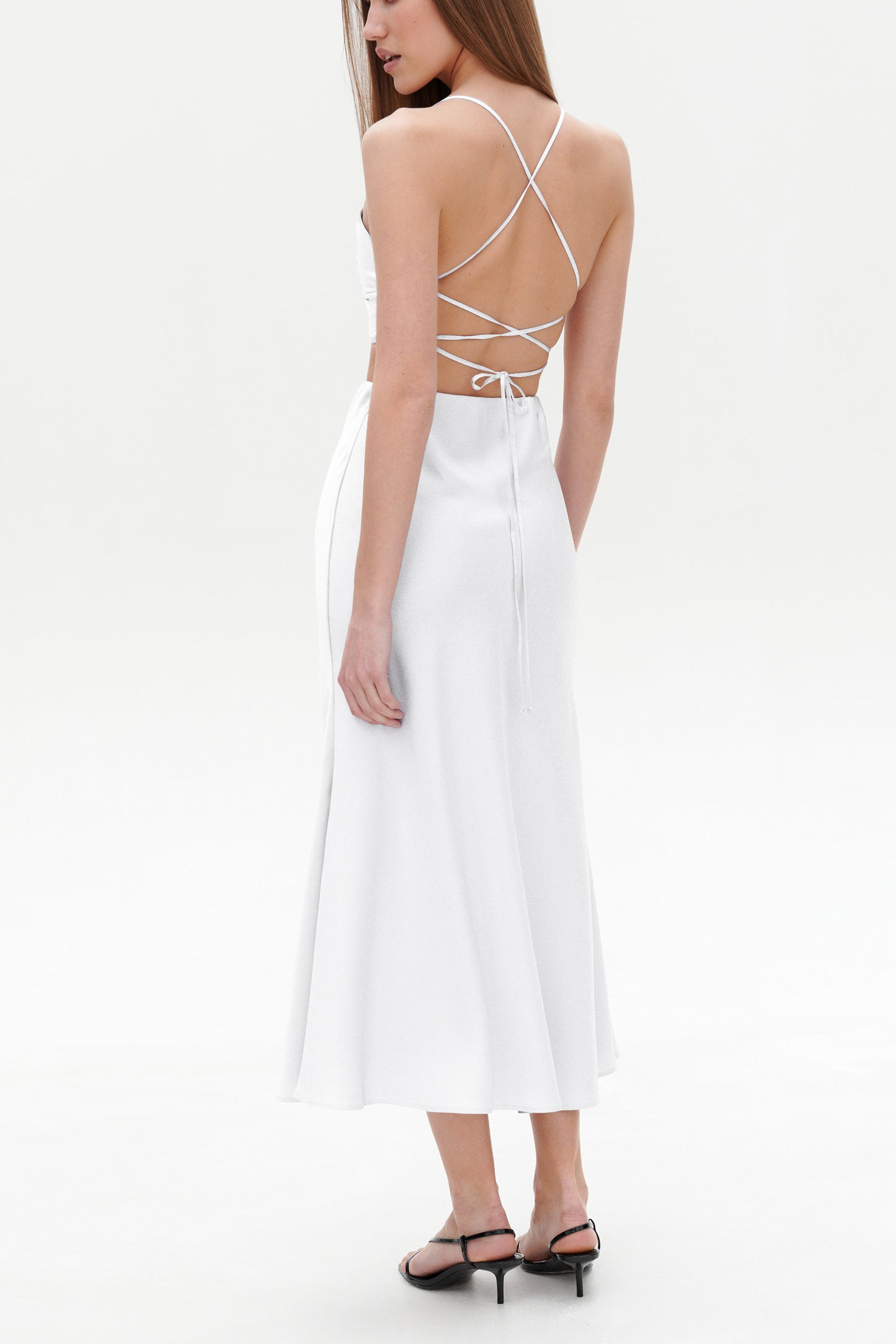 White Satin Skirt – High Rise Bias Cut Midi Skirt