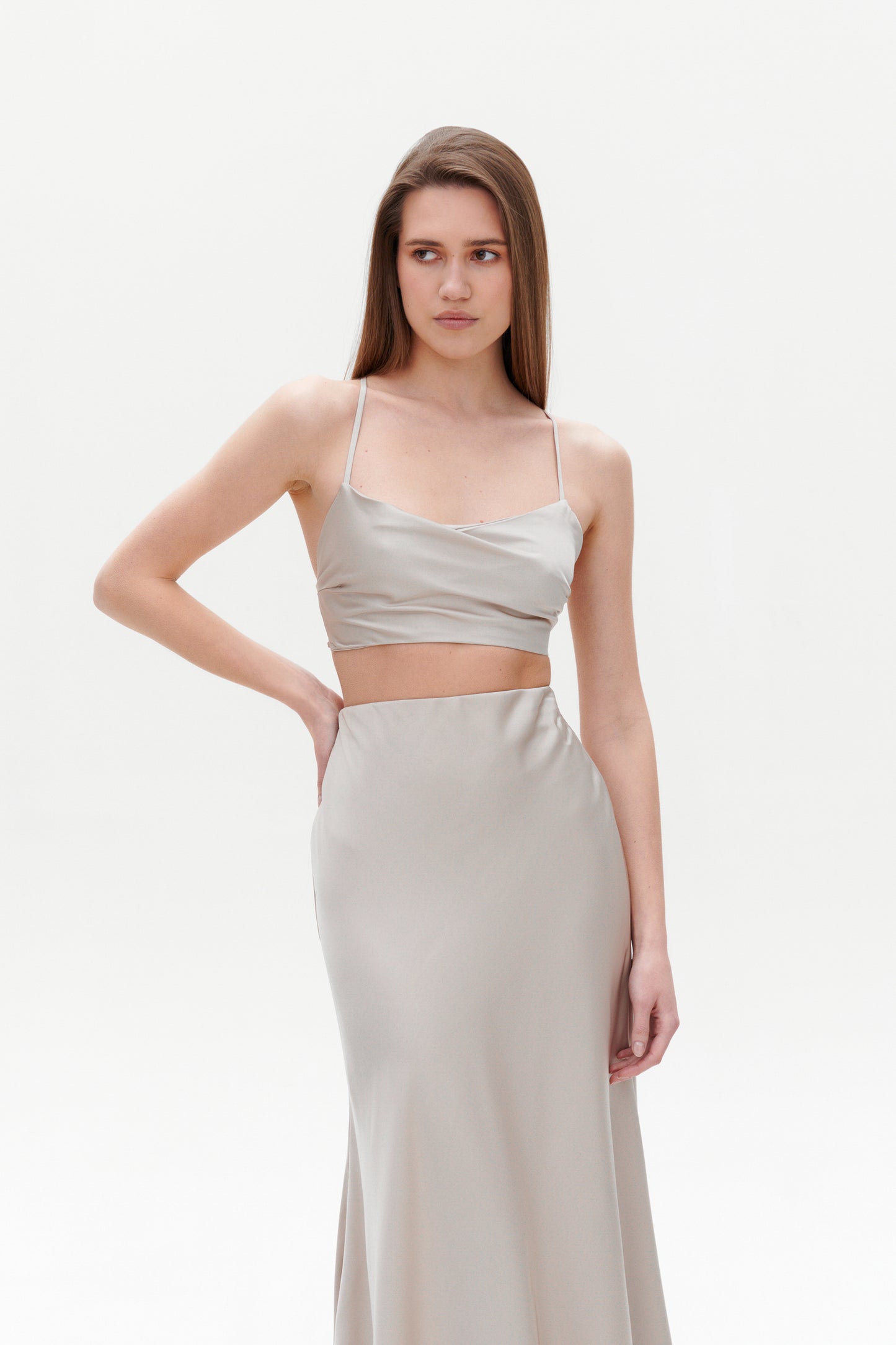 Beige satin skirt with satin crop top set