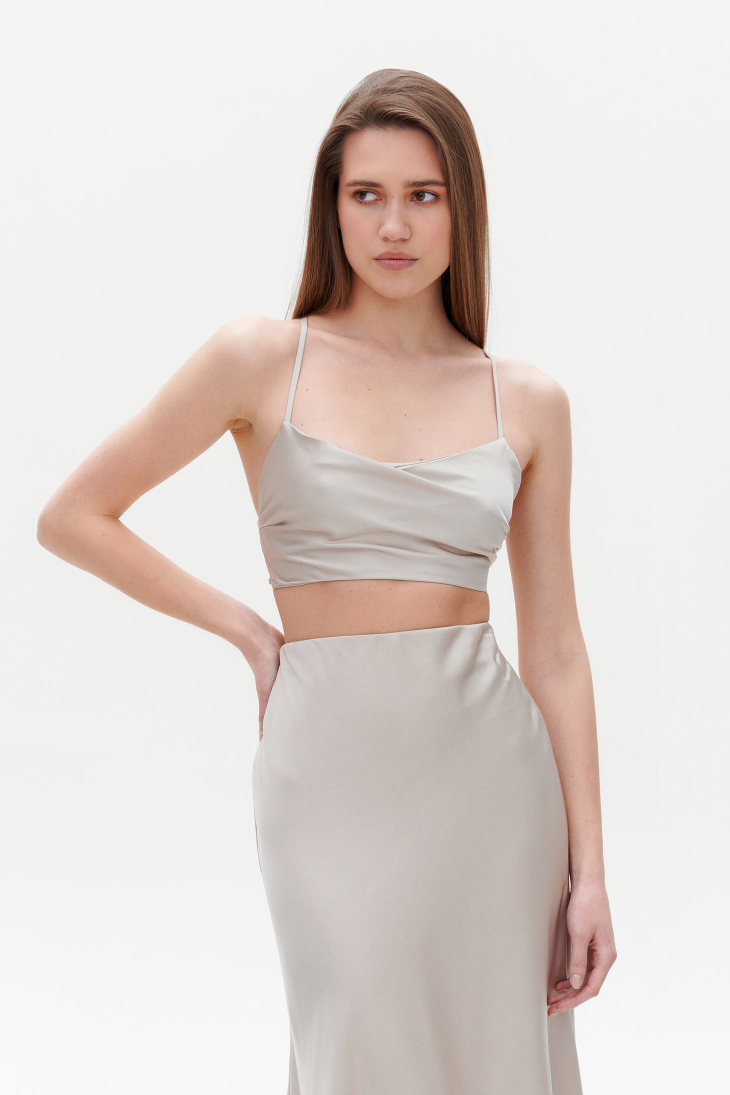 Beige satin top front view on model