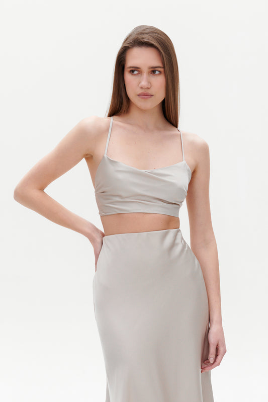 Beige satin top front view on model