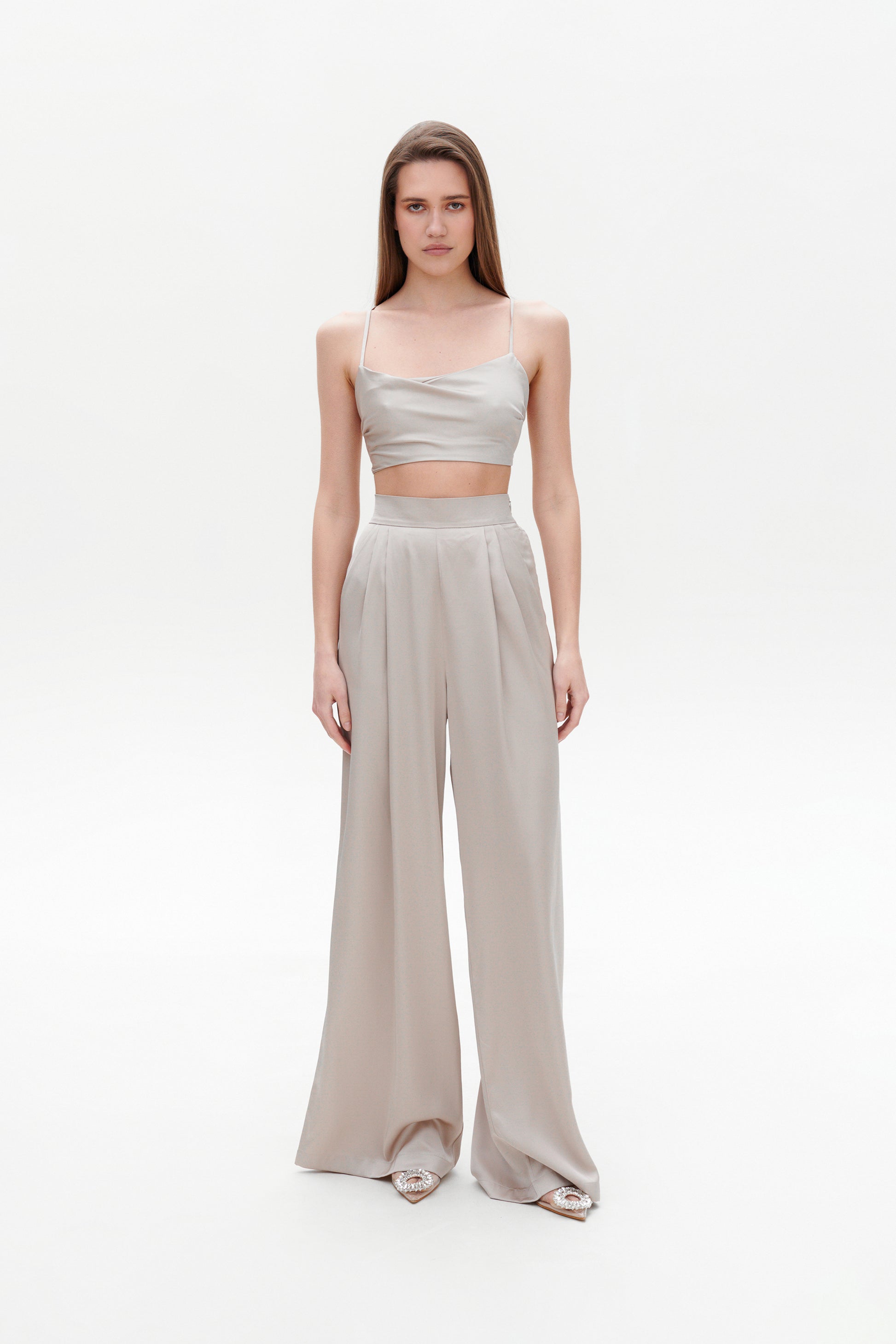 Beige satin palazzo pants front view