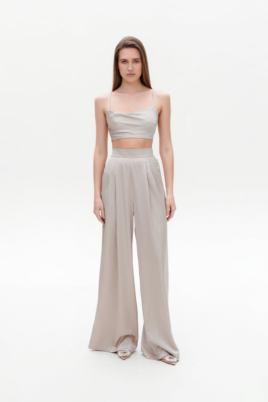 Beige satin palazzo pants front view