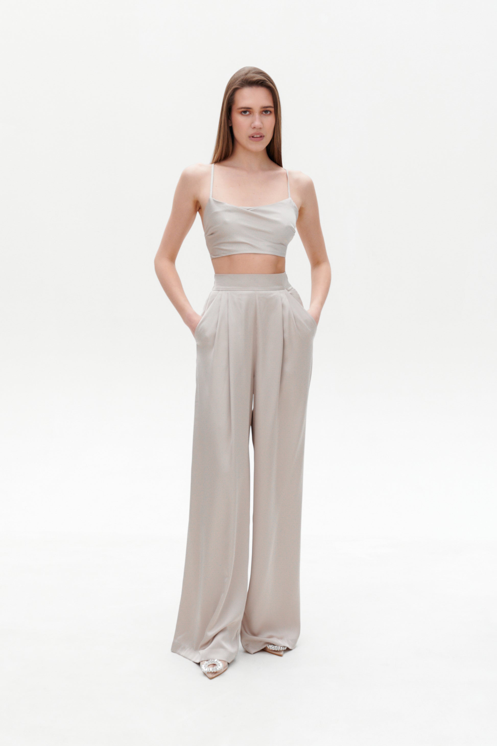 Beige satin palazzo pants wide-leg cut