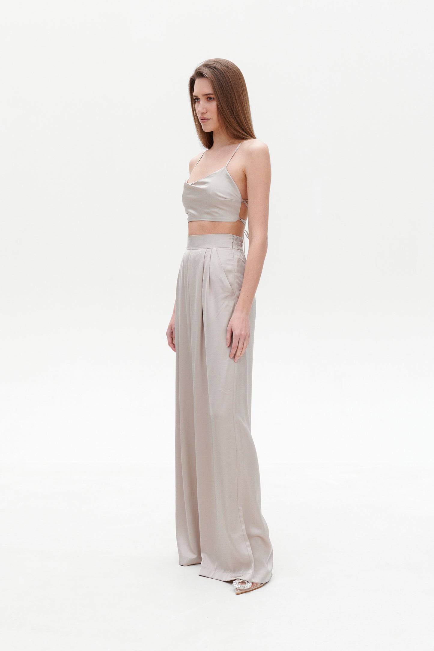 Beige Satin Palazzo Pants – Wide-Leg High-Waist Elegance