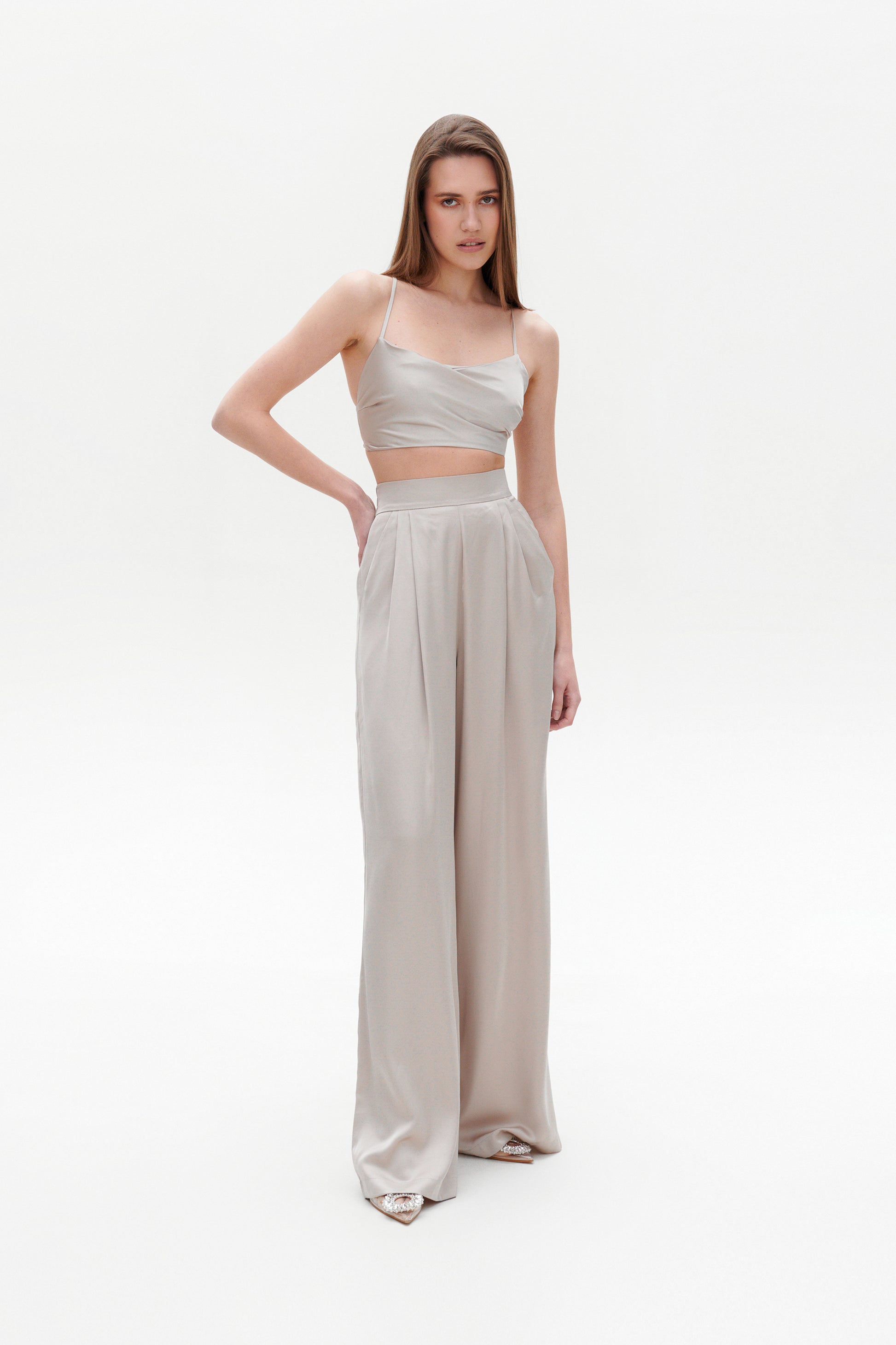 Beige satin palazzo pants back view details